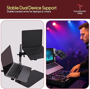 Pyle Portable Dual Laptop Stand Standing Table Holder with Bracket Arms,Adjustable Height,Ergonomic Design, 360 Swivel for DJ Mixer,Sound Equipment,Workstation,Gaming & Home Use with Tilt Function