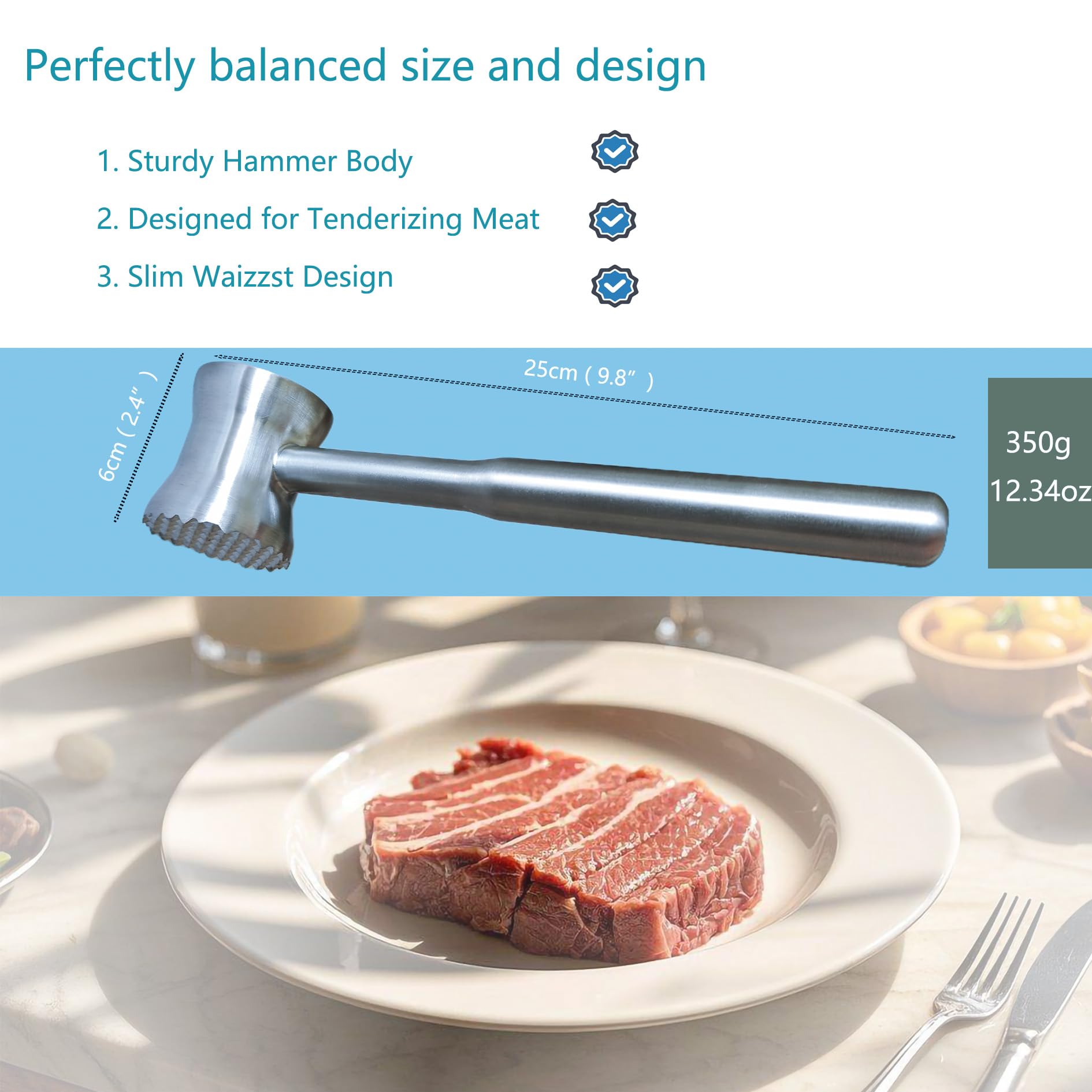 Meat Tenderizer Mallet?304 Stainless Steel ? Kitchen Meat Mallet for Chicken, Veal Cutlet, Steak, Meat Pounder Flattener?Dishwasher Safe