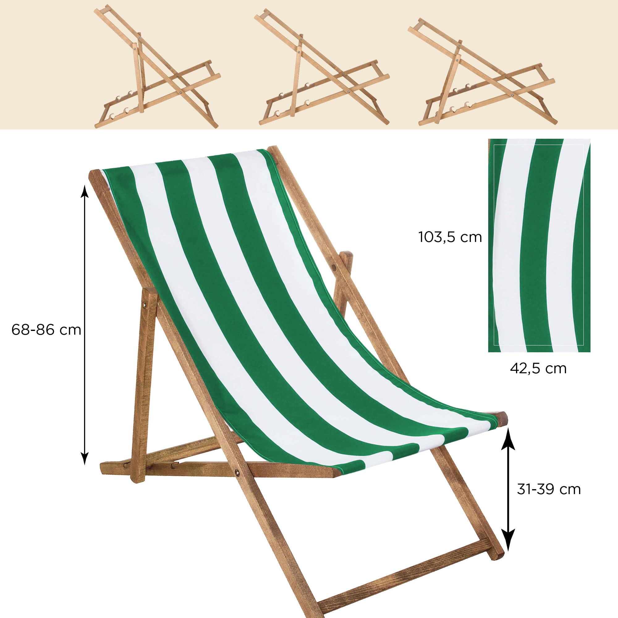 SPRINGOS Chaise longue pliante en bois imprégné Chaise longue pliante Chaise de camping Chaise de plage en bois de hêtre Blanc/Vert 58x124cm