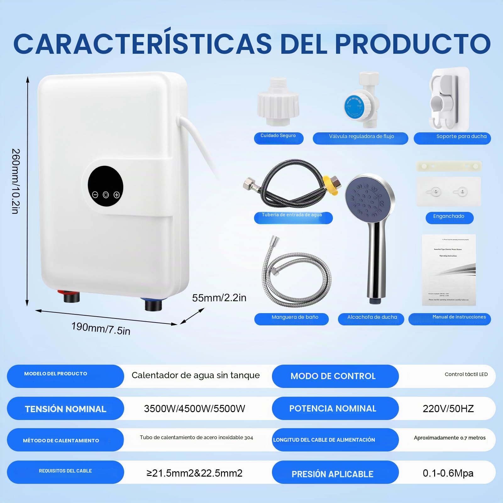 Calentador de agua instantáneo mini, 5500 W, 220 V, eléctrico, para debajo del fregadero, con pantalla LCD de temperatura, controlado electrónicamente. Ideal para ducha, baño y cocina