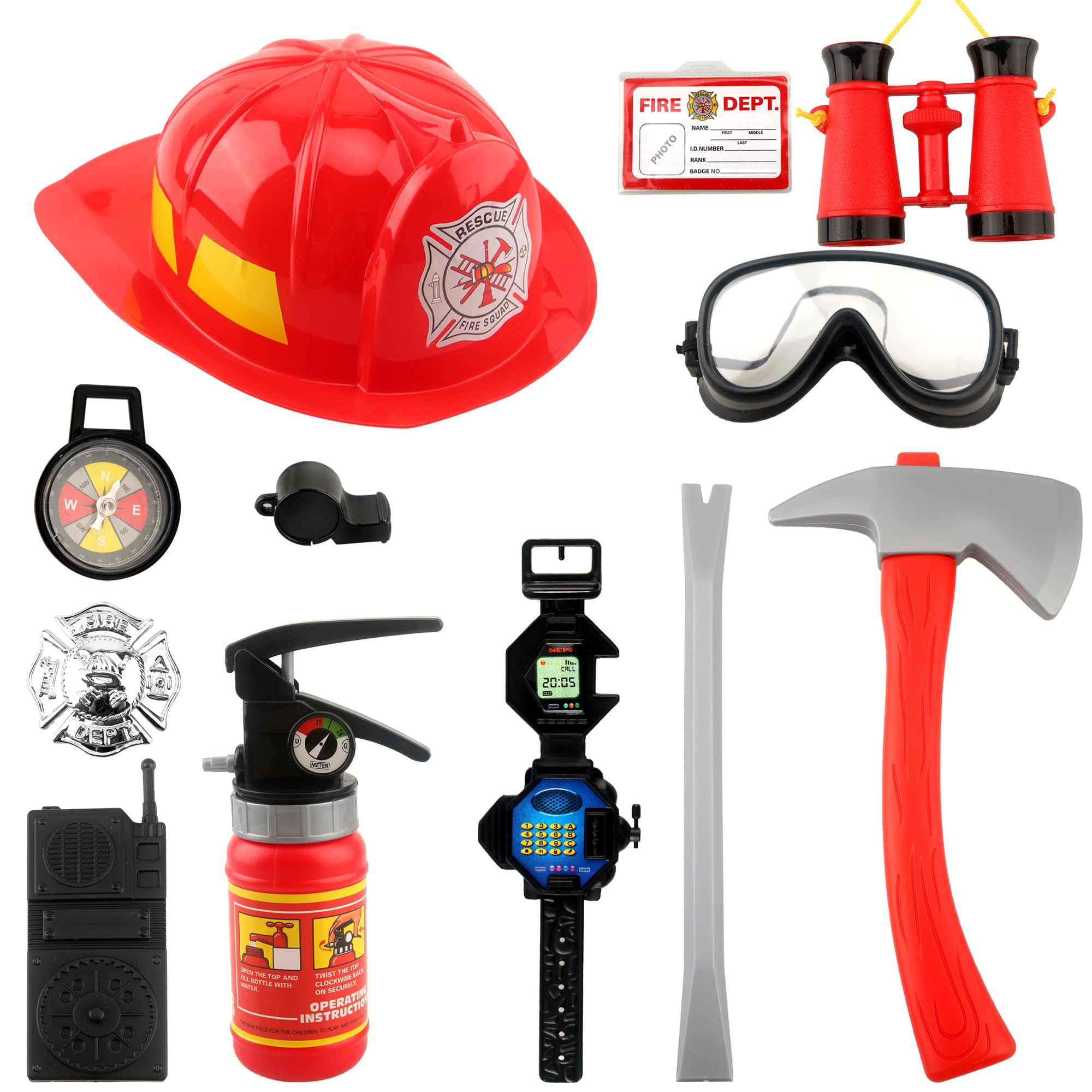 12 Pcs Kids Firefighter Costume Role Play Fireman Gear with Helmet Fireman Hat with Tools Firefighter Career Dress Up Toy Accessories for Boys Girls Halloween Party Pretend Play