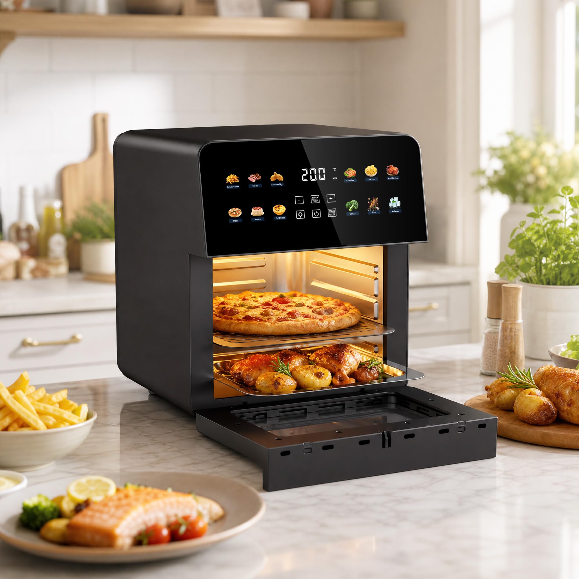 Freidora de aire caliente y mini horno 12 en 1, 1700 W, digital