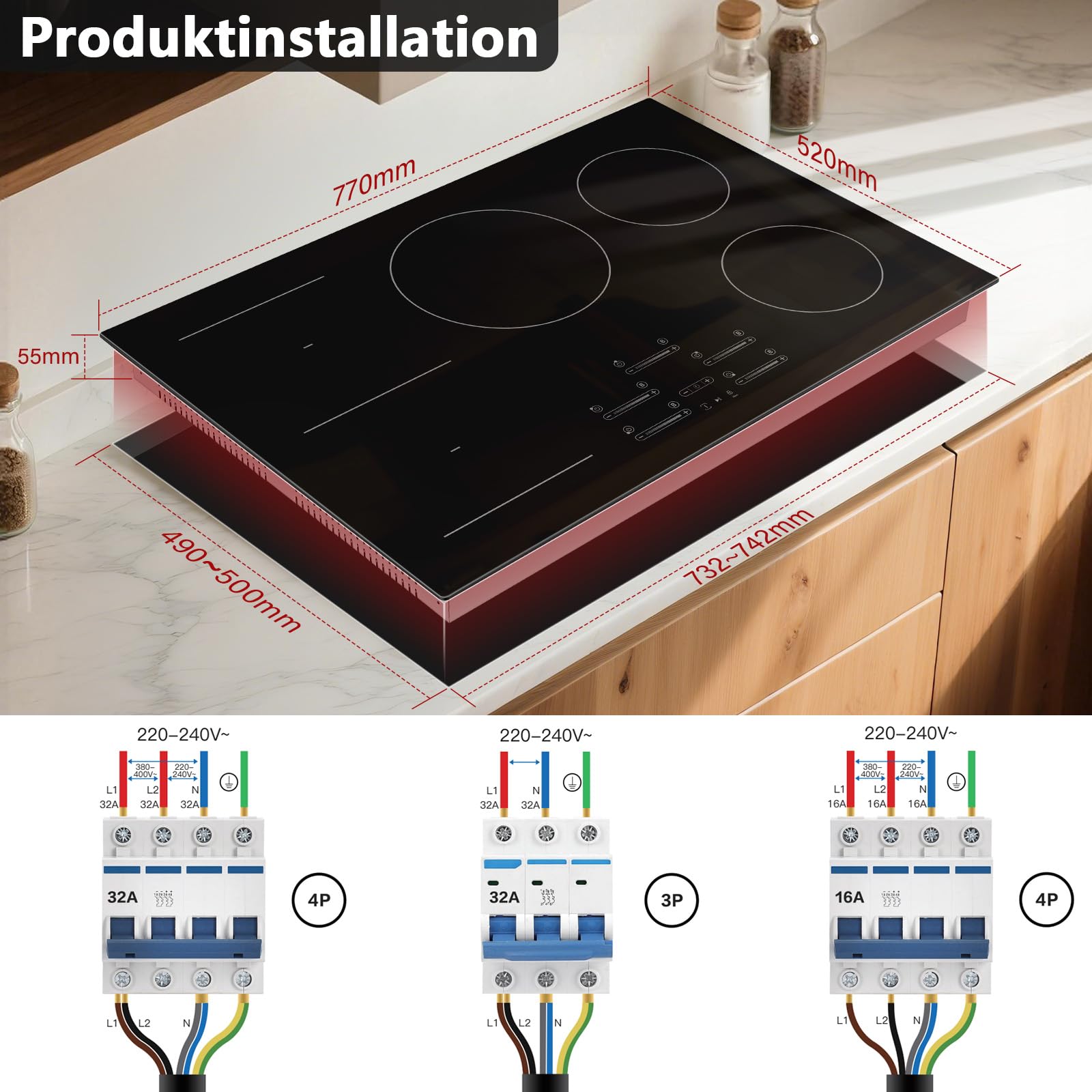 Induktionskochfeld 77 cm mit 5 Platten & 1 Flexzone, 9500 W, 9 Leistungsstufen mit Booster-Funktion, Touch-Slider-Bedienung, Timer 1-99 Min, Einbau-Kochfeld