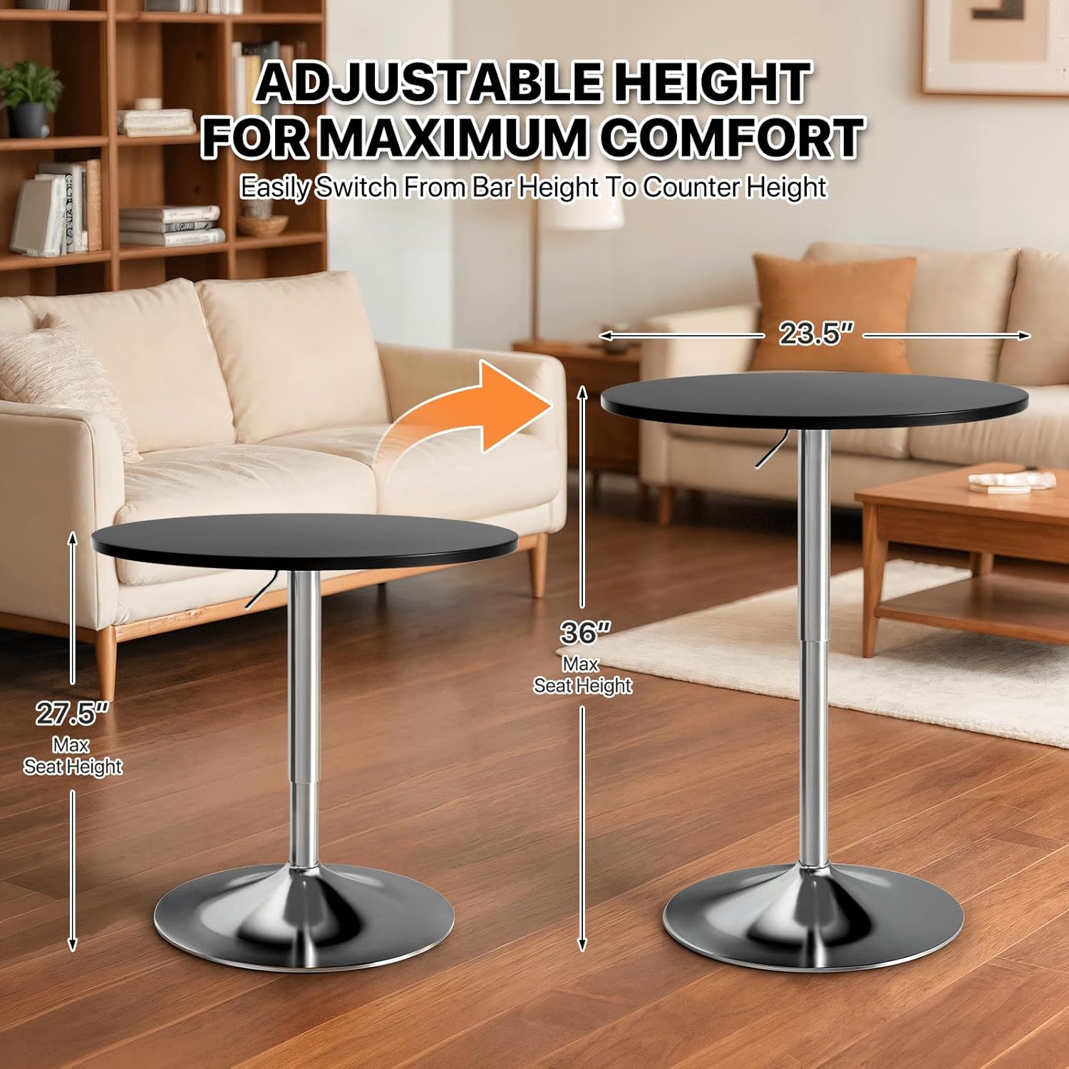 Magshion 23.5" Round Adjustable Height Bar Table, 27.5"-36" Range, 360° Swivel MDF Top Pub Table for Dining, Café, Cocktail, Black