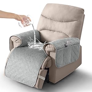 Timeles Velvet Recliner Chair Cover, 100% Waterproof Recliner Covers That Stay in Place with Pocket for Pets & Dogs (Medium-Seat Only23.6",Light Gray)