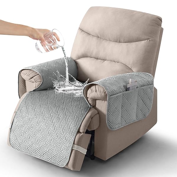 Timeles Velvet Recliner Chair Cover, 100% Waterproof Recliner Covers That Stay in Place with Pocket for Pets & Dogs (Medium-Seat Only23.6",Light Gray)