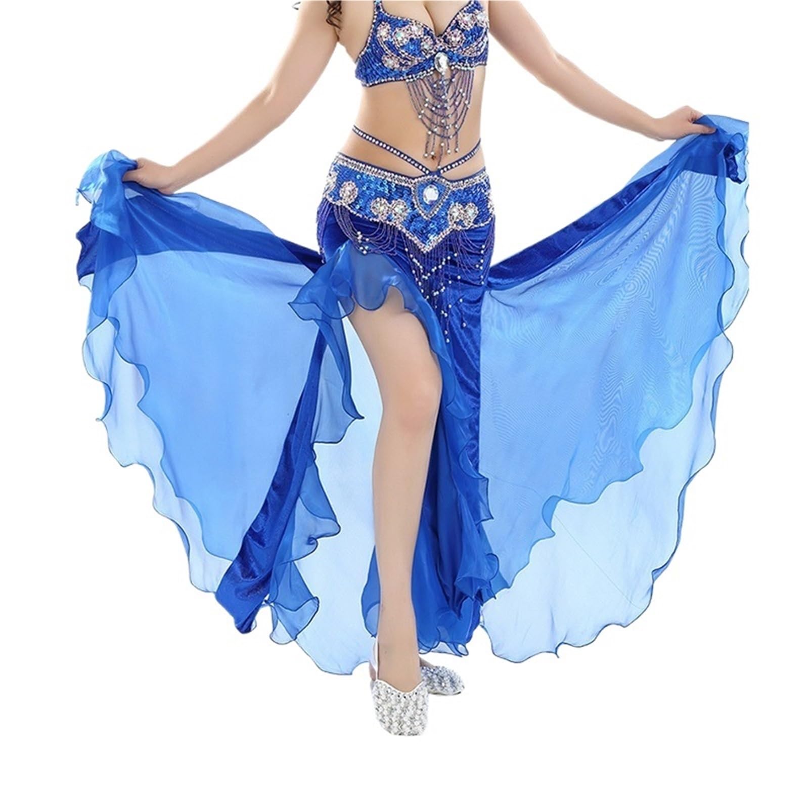 TRRYUIP Belly Dance Skirt Women Belly Dance Performance Skirt Split Long Chiffon Low Waist Swing Wear Carnival Party Dancing Clothing(Royal blue)