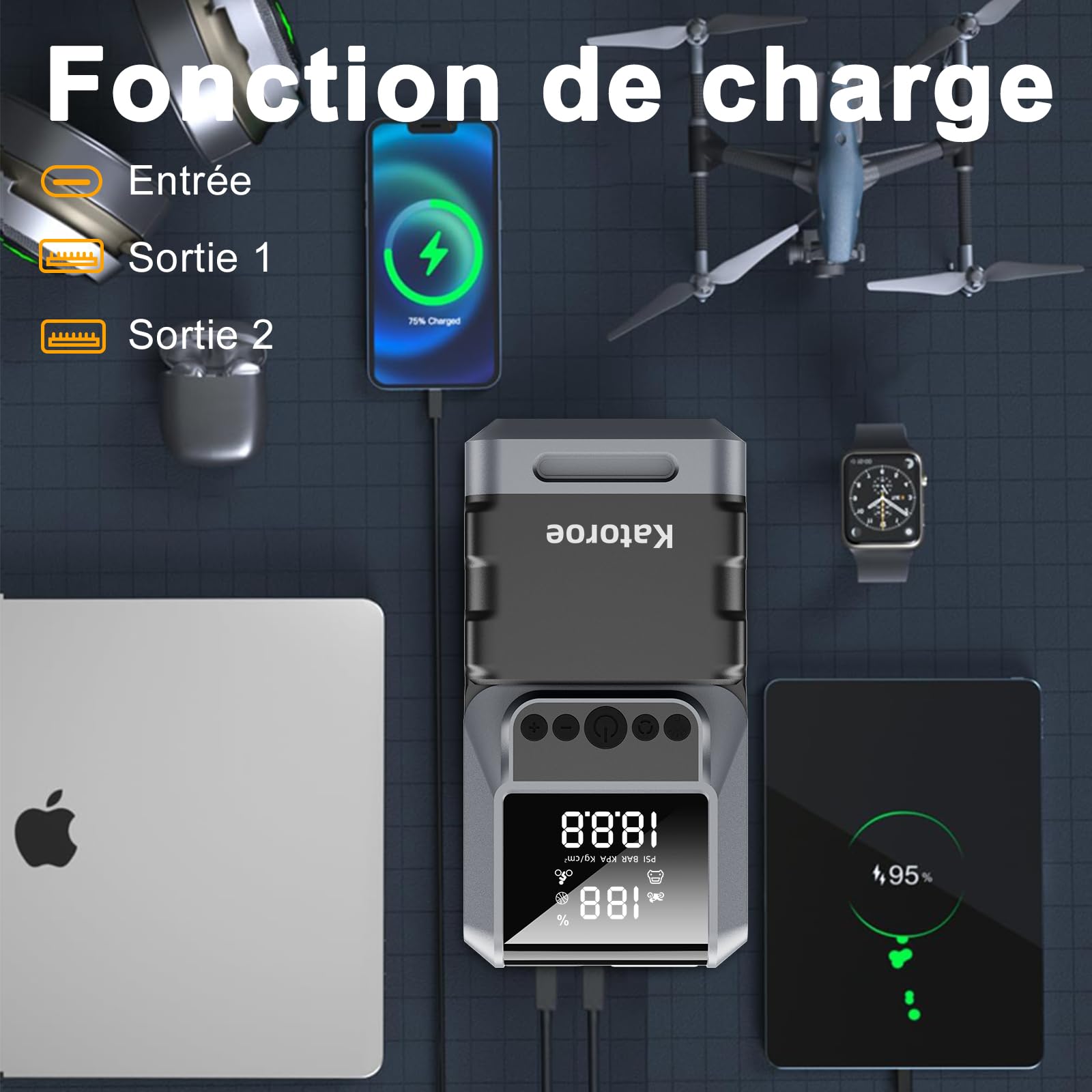 Booster Batterie avec Compresseur, 6000A Démarreur Batterie Voiture, 150PSI Gonfleur de Pneus, 12V Jump Starter, 10L Gaz ou 10L Diesel, Écran LED, Eclairage de Secours