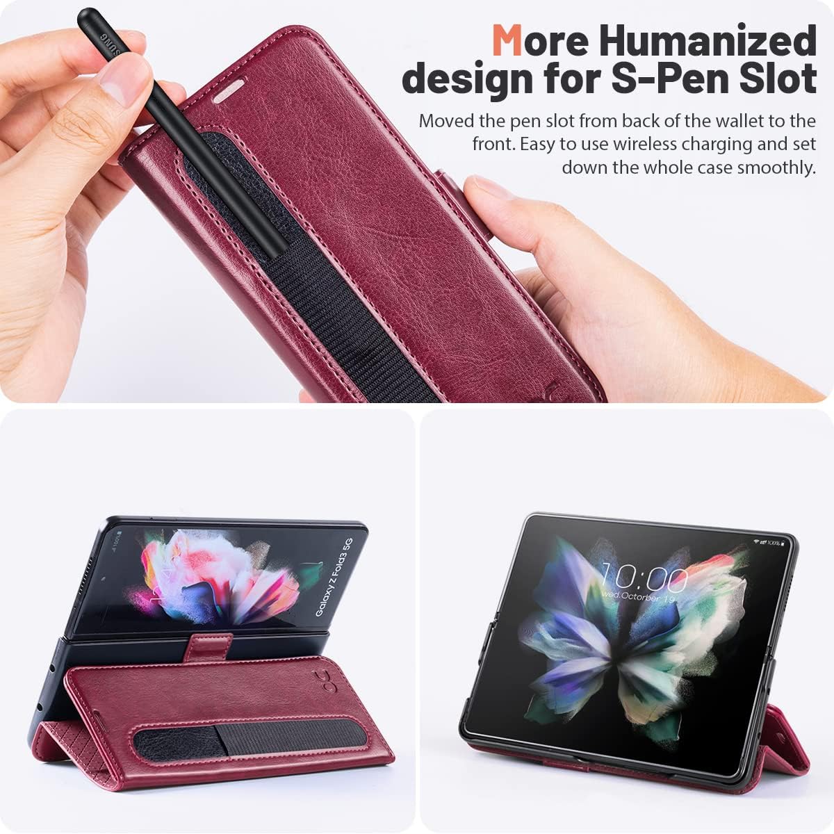 OCASE Compatible with Samsung Galaxy Z Fold 4 5G Wallet Case with S Pen Holder, PU Leather Flip Folio Case with Card Slots RFID Blocking Kickstand Phone Cover for Z Fold4 5G (2022) -Burgundy