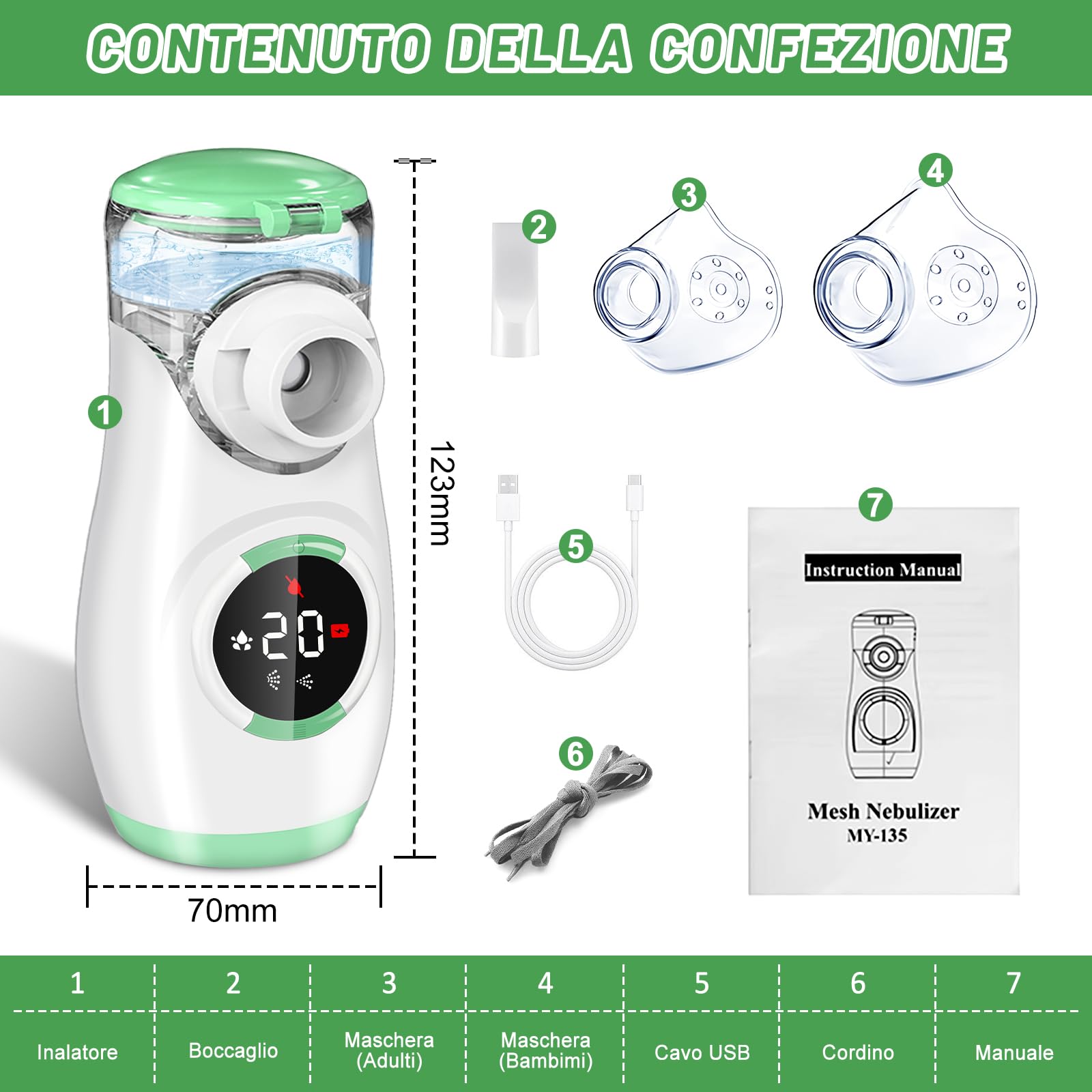 Wholede Aerosol Portatile Silenzioso Digitaler - Ricaricabile Macchina Aerosol per Adulti e Bambini, Nebulizzatore Portatile con 2 Maschere e Boccaglio per Uso Domestico e in Viaggio- Verde