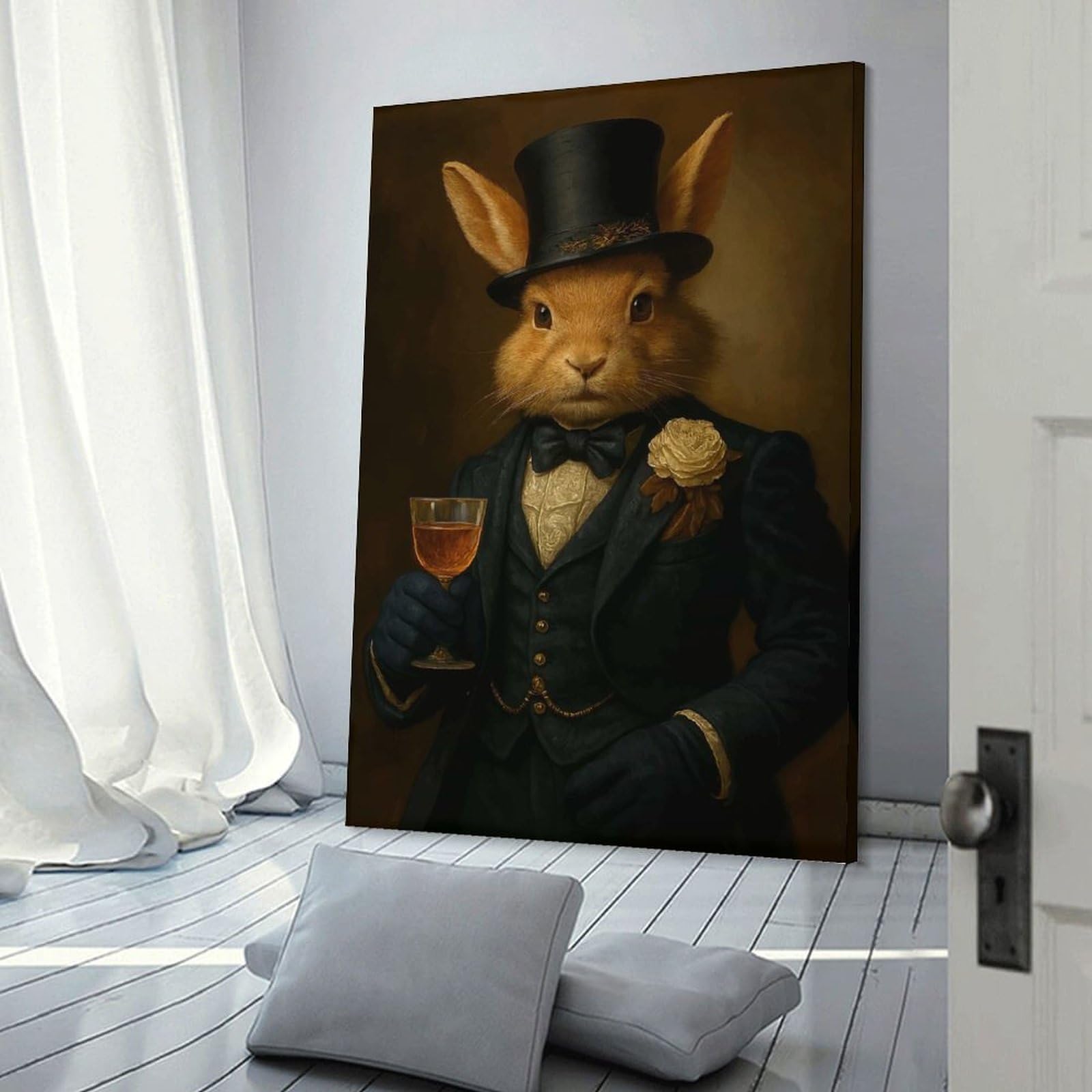 Junmoney Dapper Rabbit Portrait with Drink Canvas Wall Decor 20x30inch(50x75cm), for Home Lounge, Bedroom Or Reading Nook, A Home Accent with Warm Character