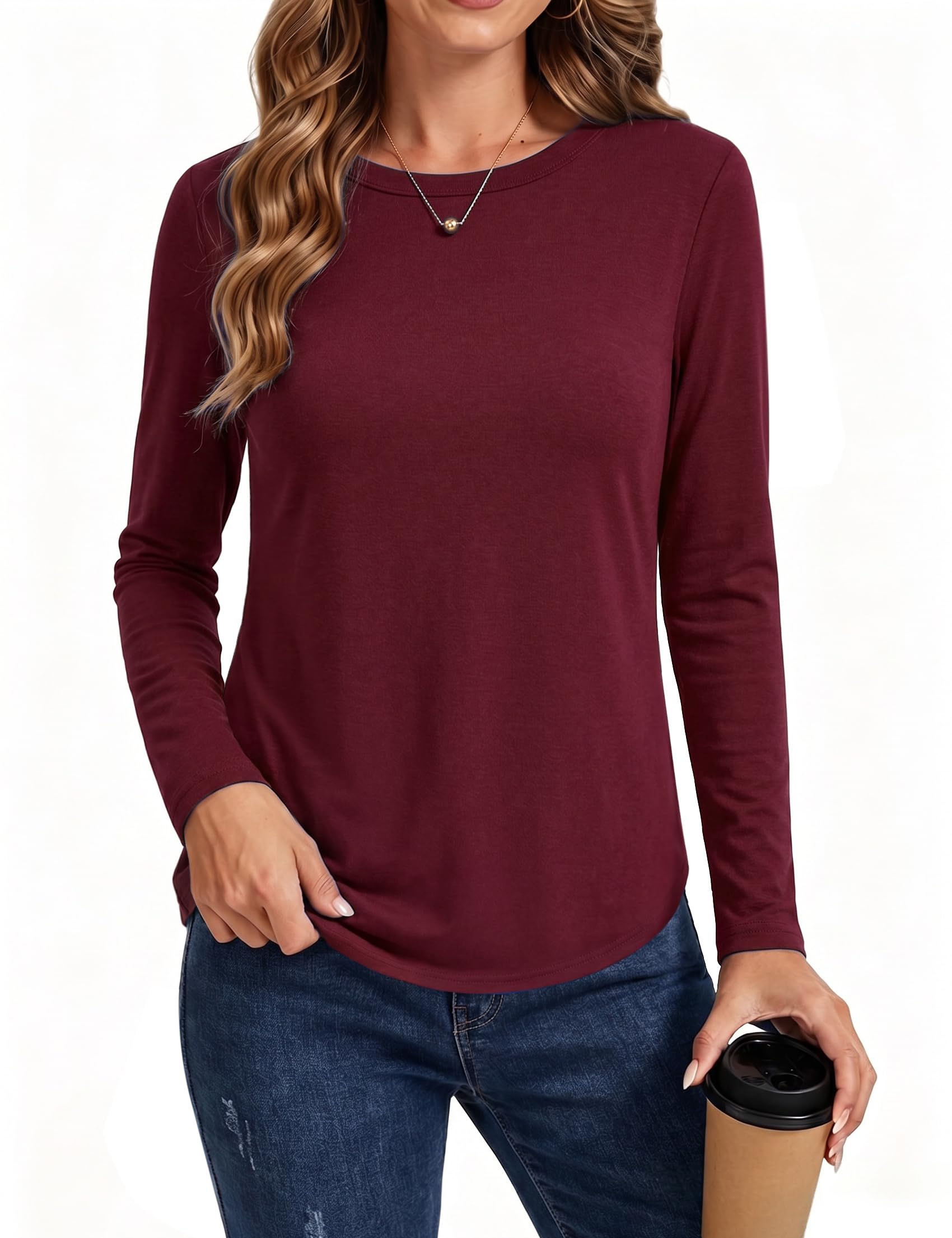 Crewhpo Damen Langarmshirt Lockeres Oberteil für Alltag mit Rundhals | Rundhals, Lange Ärmel, Lockerer Schnitt, Geschwungener Saum, Angenehm Zu Tragen Im Alltag, Büro Und In Der Freizeit