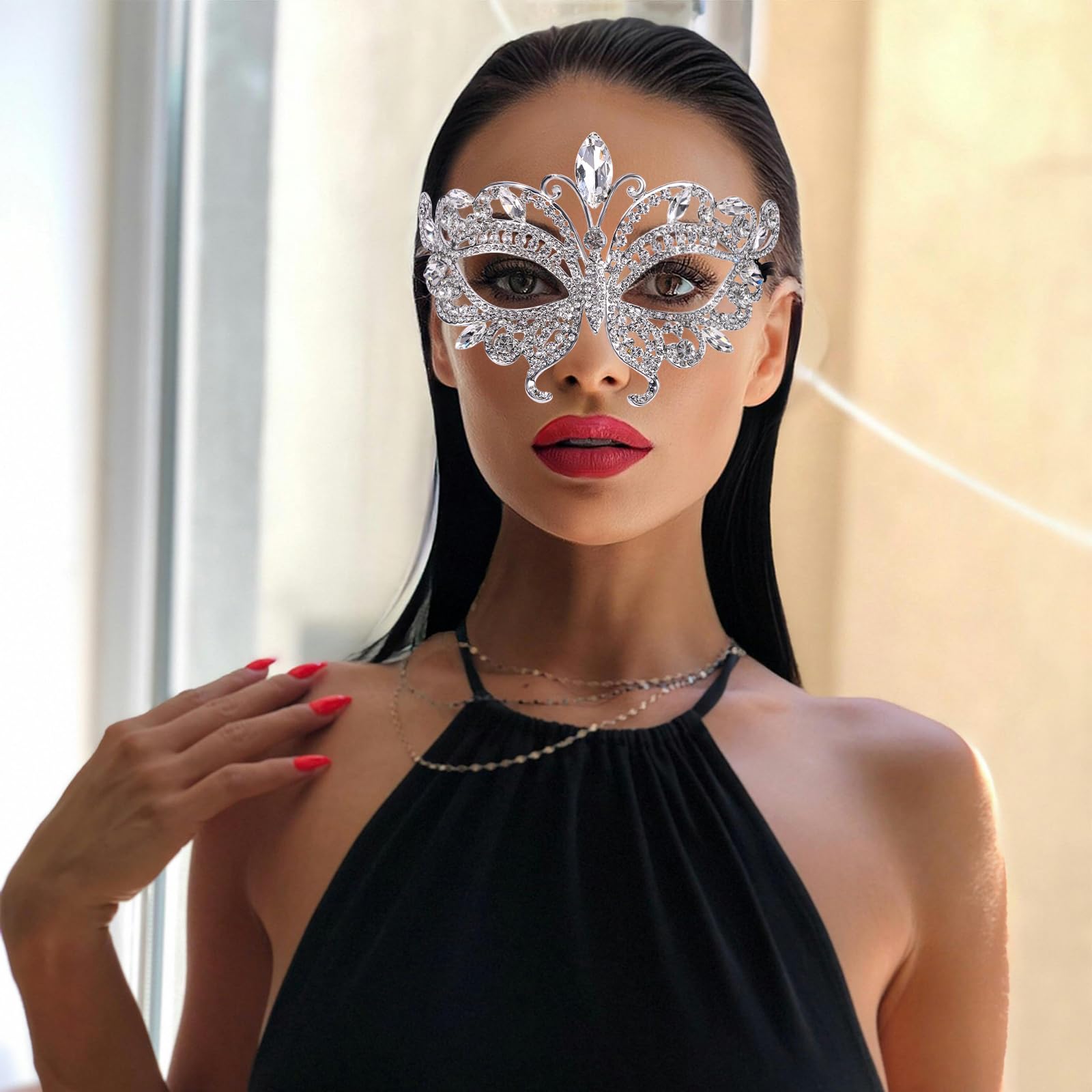 Oidea Luxury Rhinestone Fancy Mask - Venetian Mardi Gras Mask for Women's Costume Parties, Silver - Image 3