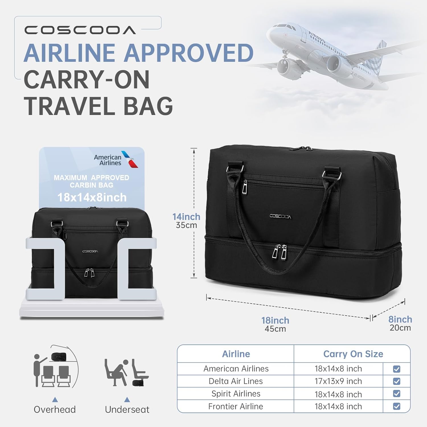 For Spirit Airlines Personal Item Travel Bag 18x14x8 inch Underseat with Wet Pocket & Shoe Compartment & Tsa Approved Toiletry Bag - Image 2