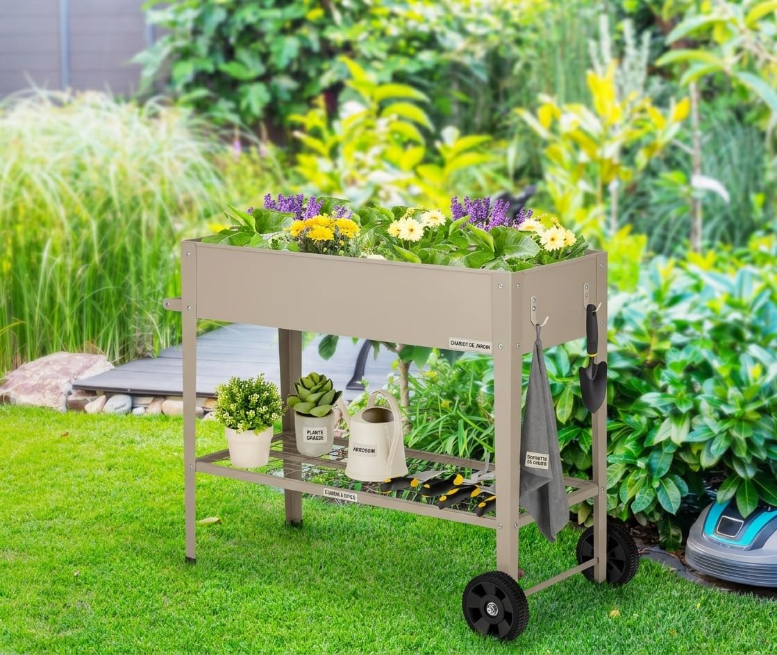 GOPLUS Jardinière Surélevé sur roulettes avec Étagère et 2 Crochets pour Outils de Jardinage, Lit de Jardin en Métal pour Légume, Herbe, Carré Potager Extérieur pour Jardin, Balcon (Blanc)