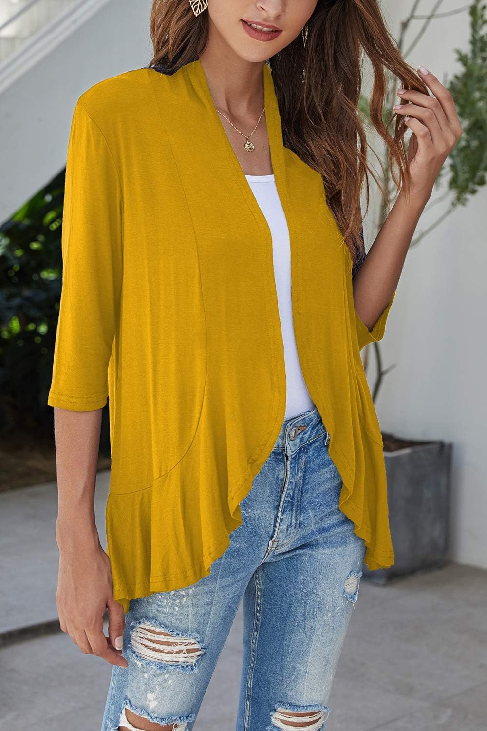 Bluetime Women Casual Lightweight Open Front Cardigans Soft Draped Ruffles 3/4 Sleeve Cardigan (S-3XL) - Image 2