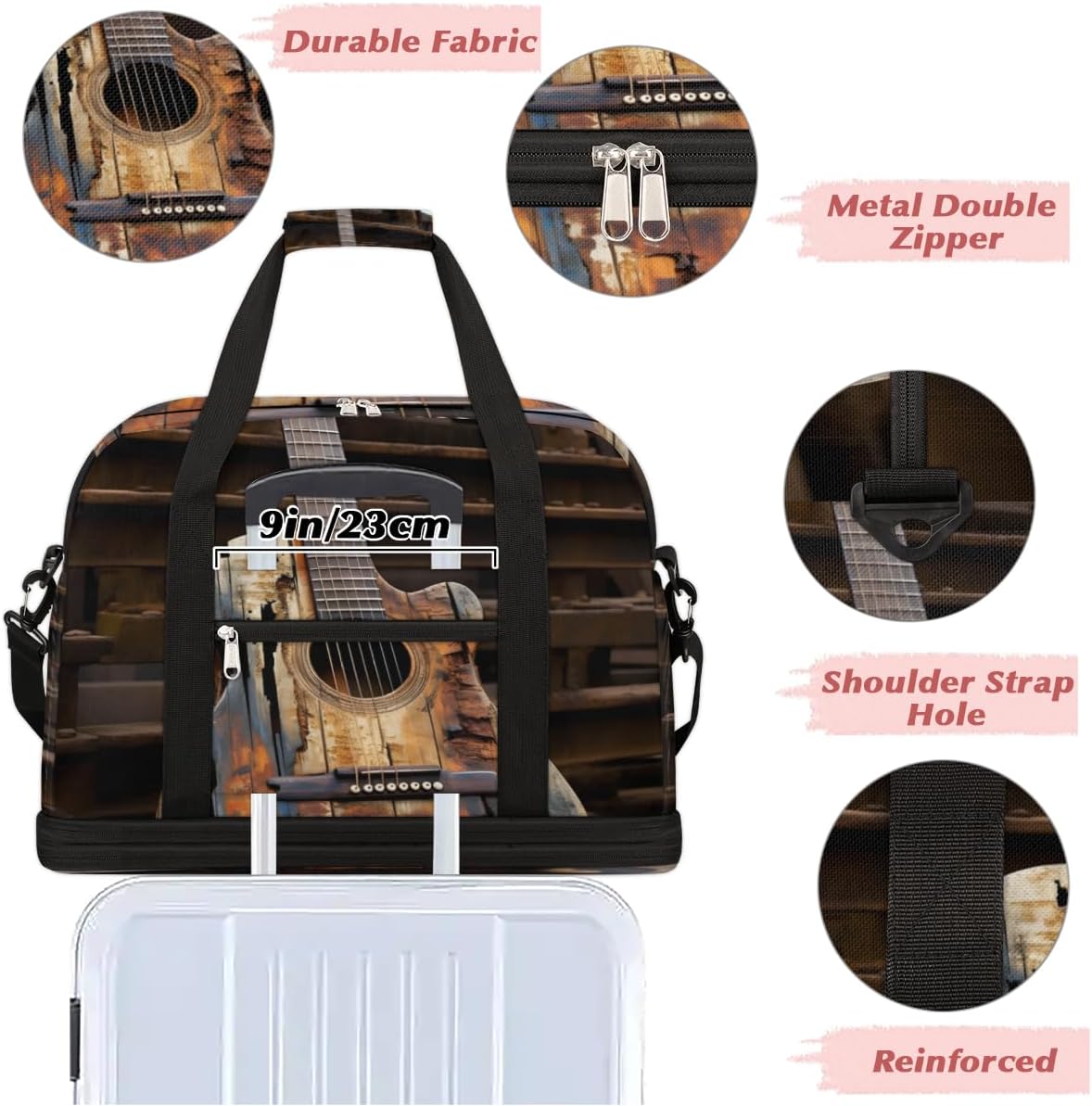 QsirBC Guitars Theme Pattern Gym Bag for Women Duffle Tote with Shoes Compartment Men Weekender Duffel for Dance Travel Sports Swimming Overnight