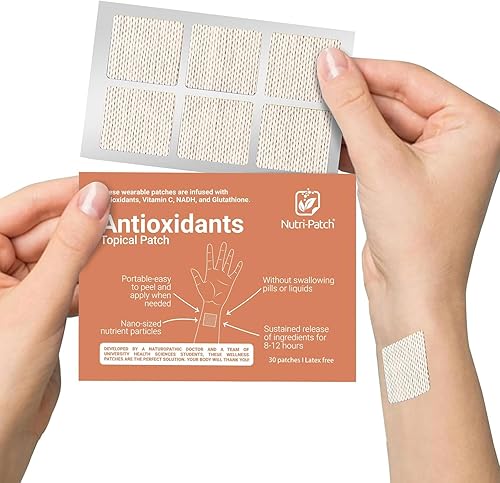 NUTRI-PATCH Parche tópico antioxidante, infundido con vitamina C, glutatión, coenzima Q10, NAC, 30 unidades