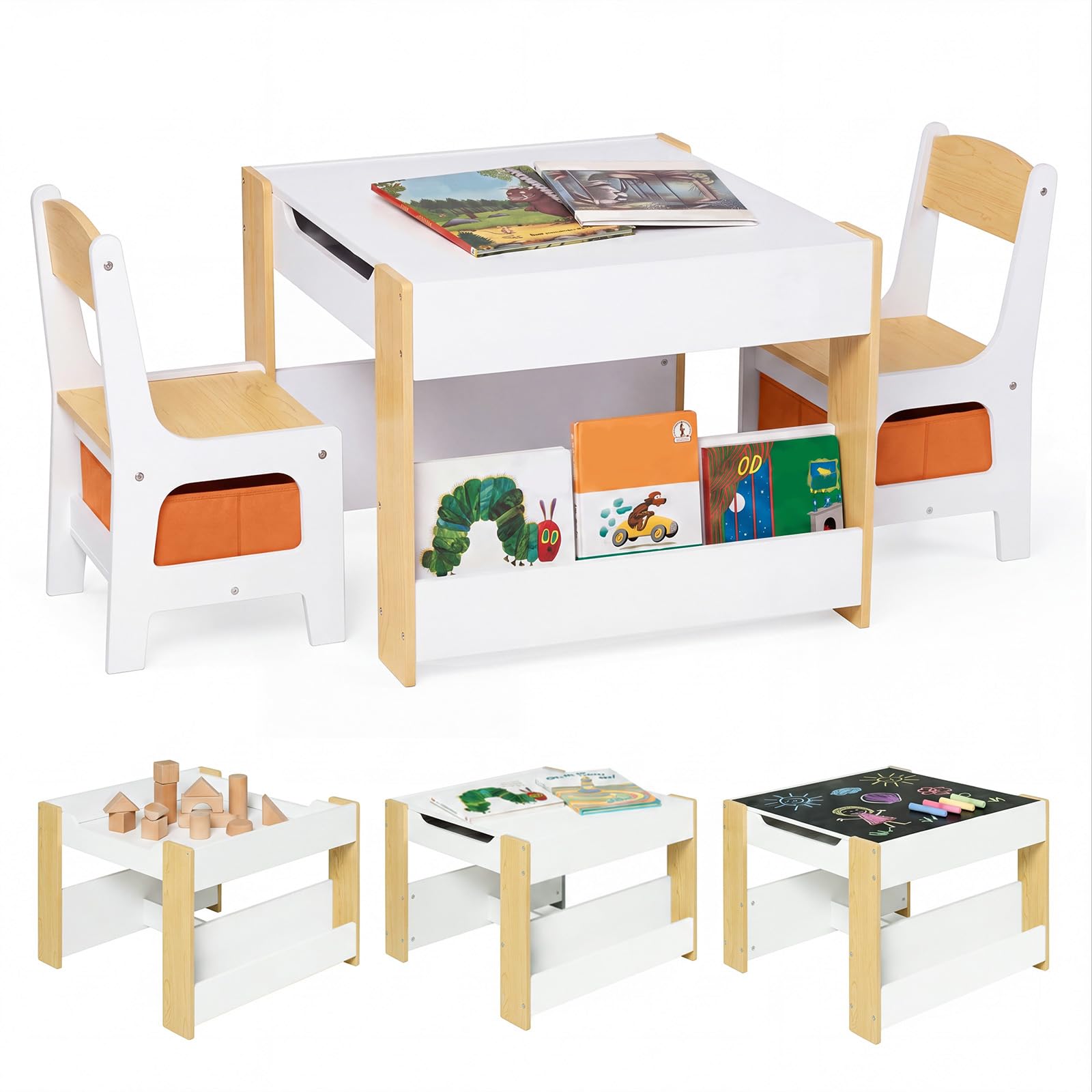 Dekko Kids Table and Chairs Set Toddler Activity Desk with Storage, Natural
