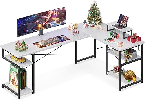 ODK Escritorio para computadora de escritorio en forma de L de 66 pulgadas con estantes de almacenamiento y soporte de PC, escritorio de juegos con