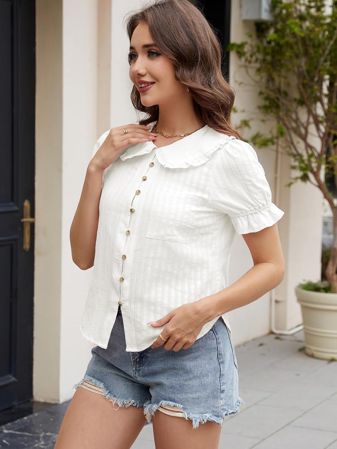Womens Peter Pan Collar Shirt Short Puff Sleeve Button Down Blouse Tops 2025 Summer Casual Stripped Shirts White S - Image 5