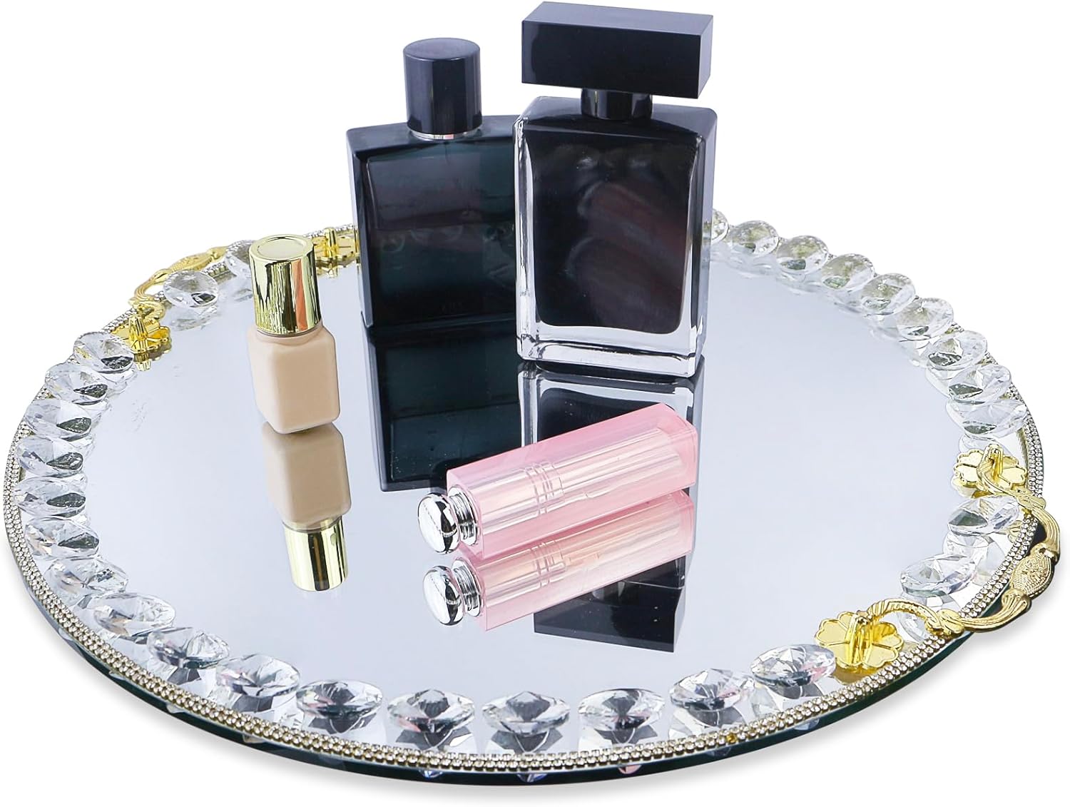 Mirror Perfume Tray, Round Diamond Glass Tray, Modern Premium Feeling Jewelry Organizer, Suitable for Bathroom Counter, Dresser, Kitchen Counter 11"