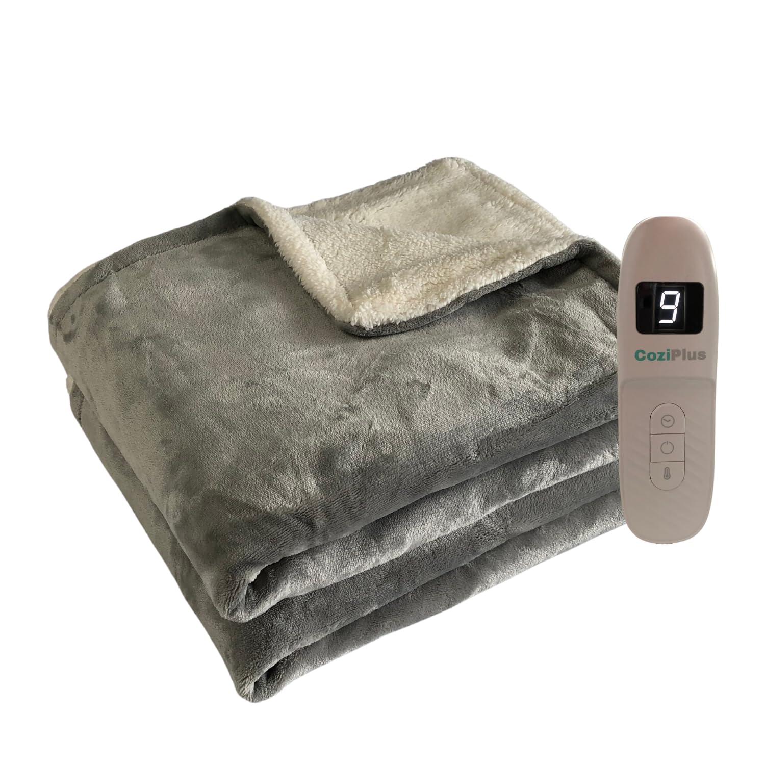 Coziplus Electric Heated Blanket Throw Flannel & Sherpa Fleece, Fast Heating 160x130cm, 9 Heat & Timer Levels, Auto-Shut Off, LED Display, For Home & Office Use (Light Grey)
