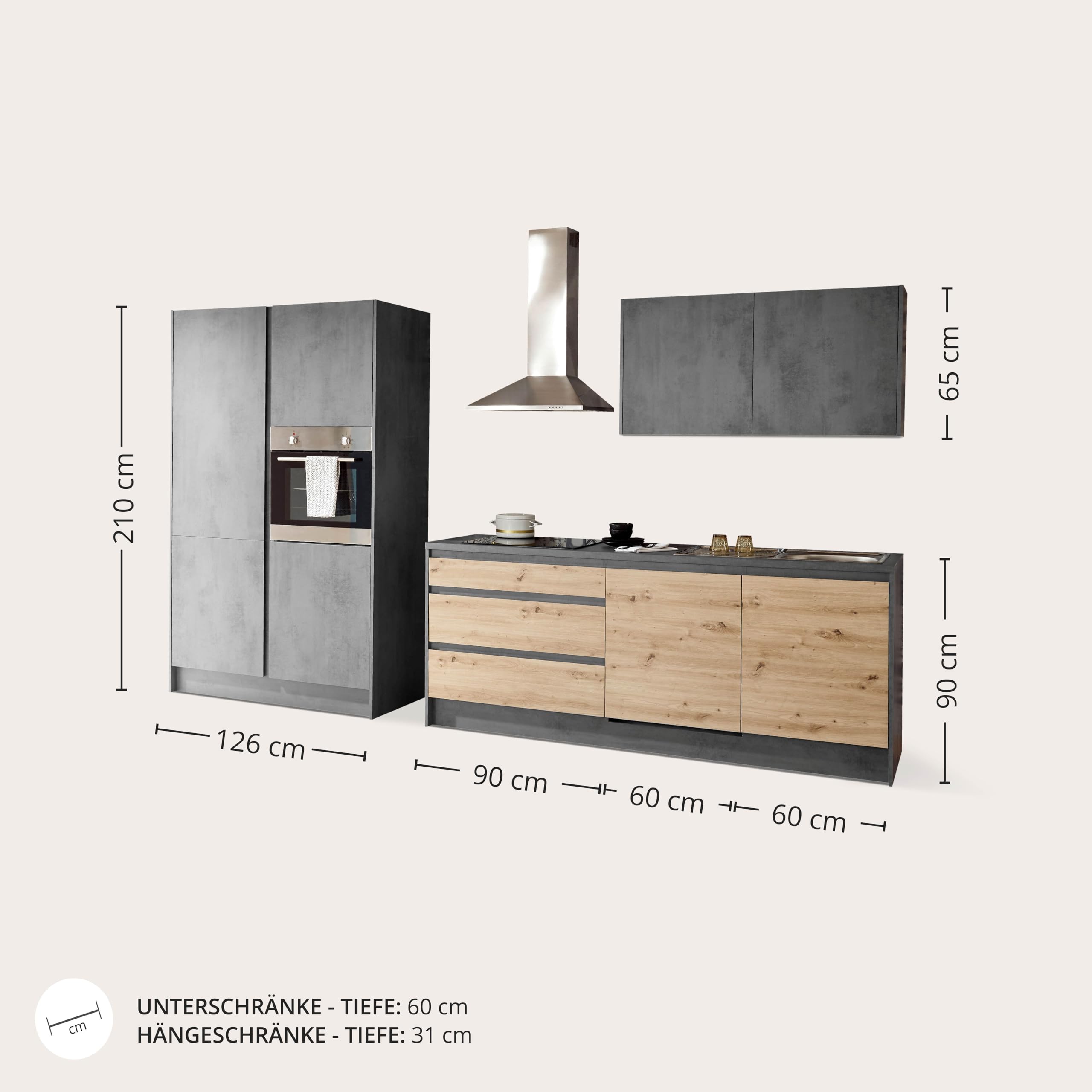 TROJA Moderne Küchenzeile ohne Elektrogeräte in Artisan Eiche Optik, Anthrazit - Geräumige Einbauküche mit viel Platz und Stauraum - 210 x 211 x 60 cm (B/H/T)