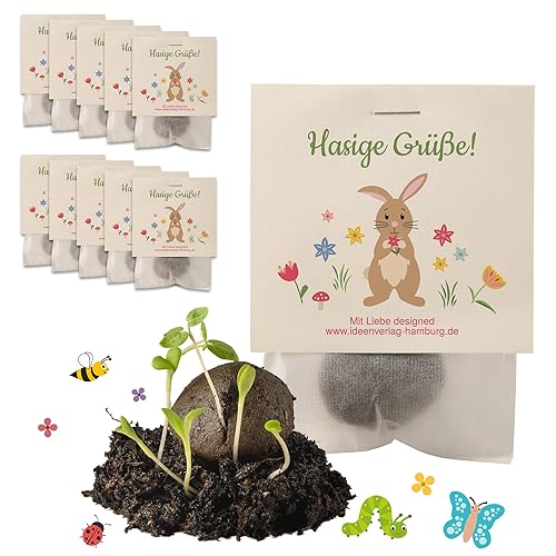 10x "Hasige Grüße" Samenbomben als Mitgebsel Ostern Geschenke | Blumensamen Tütchen als Osternest Füllung & kleine Ostergeschenke Erwachsene | Mitbringsel Osterüberraschung | Frohe Ostern