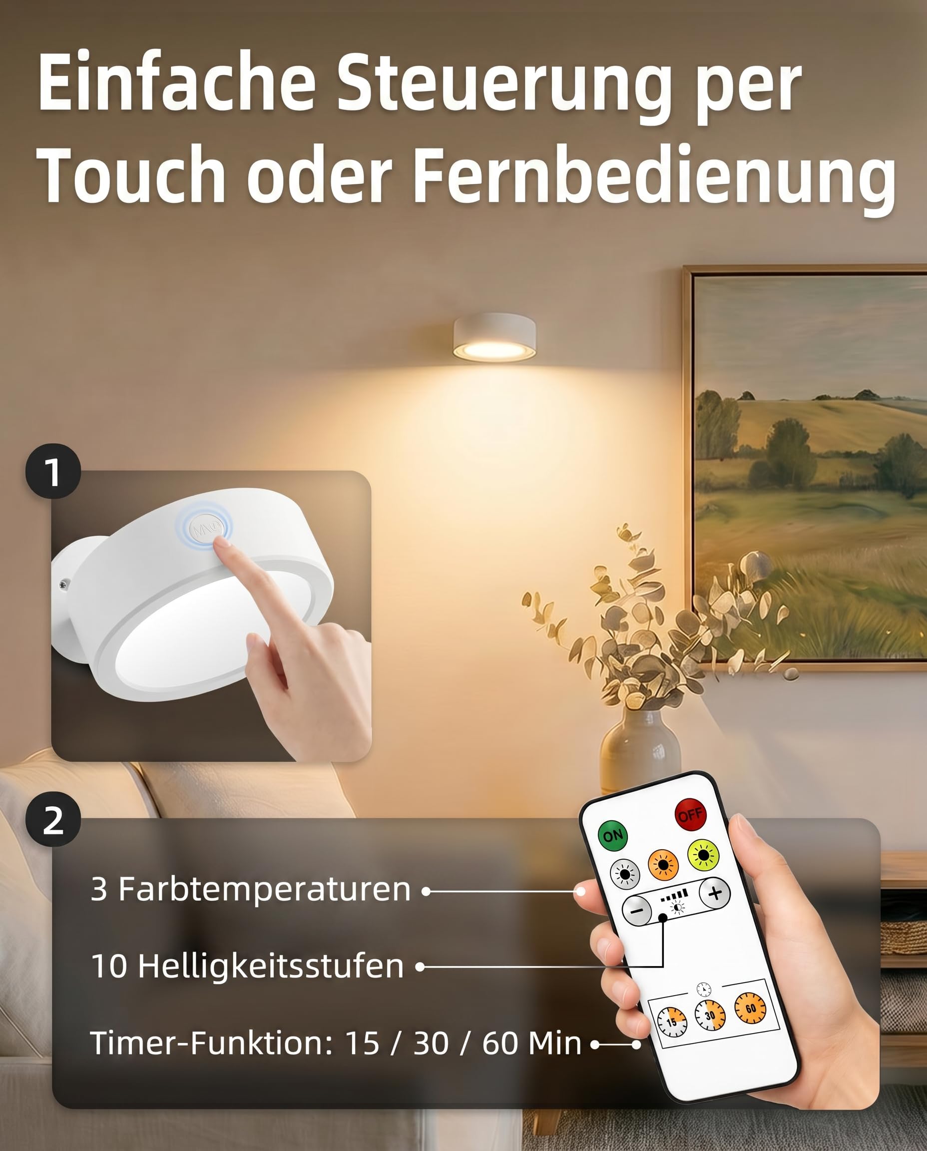 EZVALO Wandleuchte Innen mit 3000 mAh Akku, 2 Stück (3,7 Zoll) Wandleuchte kabellos mit Fernbedienung, 3 Farbmodi dimmbar LED-Akku-Wandlampe für Wohnzimmer, Schlafzimmer, Kinder, Grauweiß