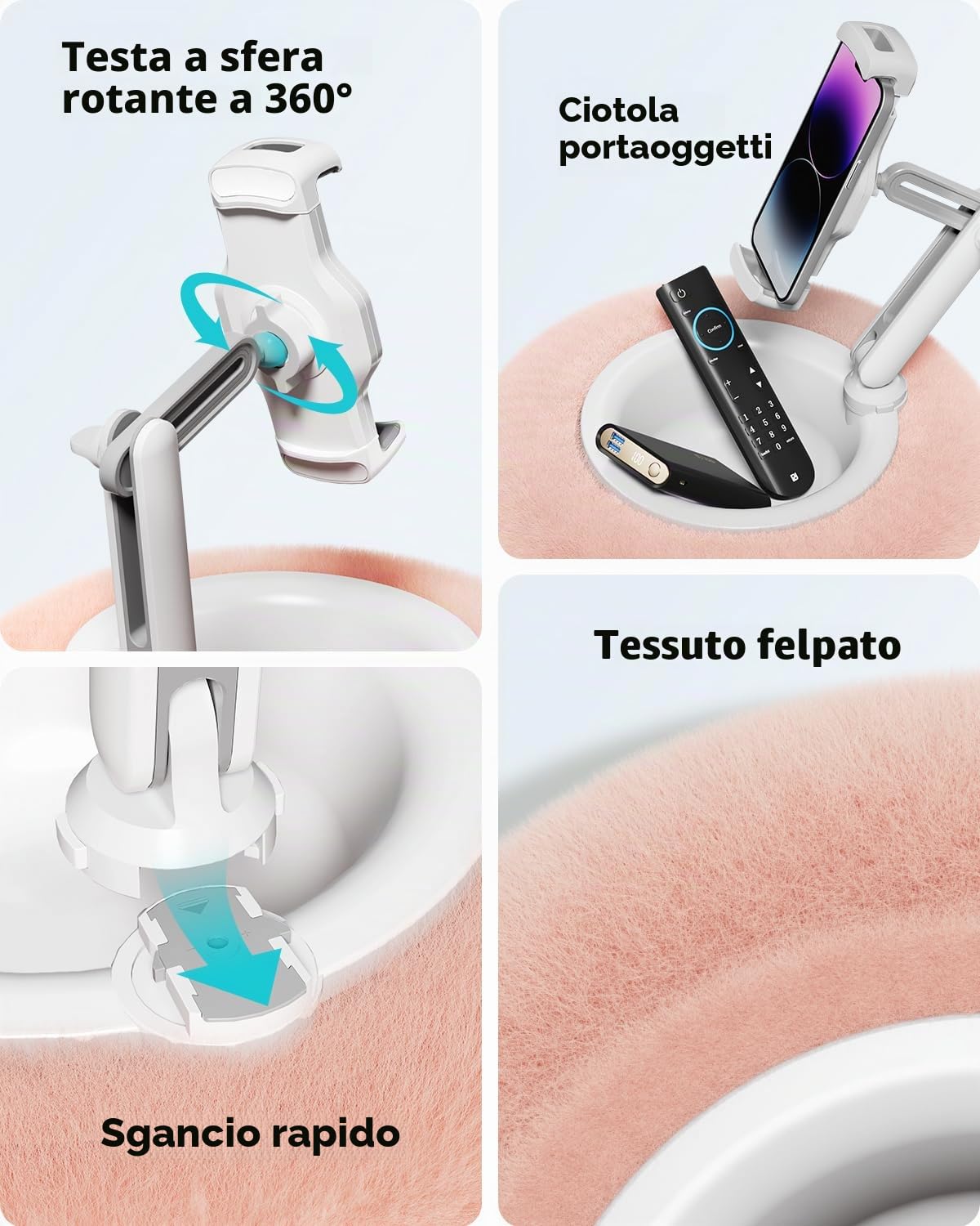 Viozon Supporto per tablet compatibile con telefoni da 4,7"-33 cm, iPad, iPhone, Samsung, Google, Kindle, supporto per cellulare regolabile a 360°, con morbido tessuto felpato e ciotola rimovibile
