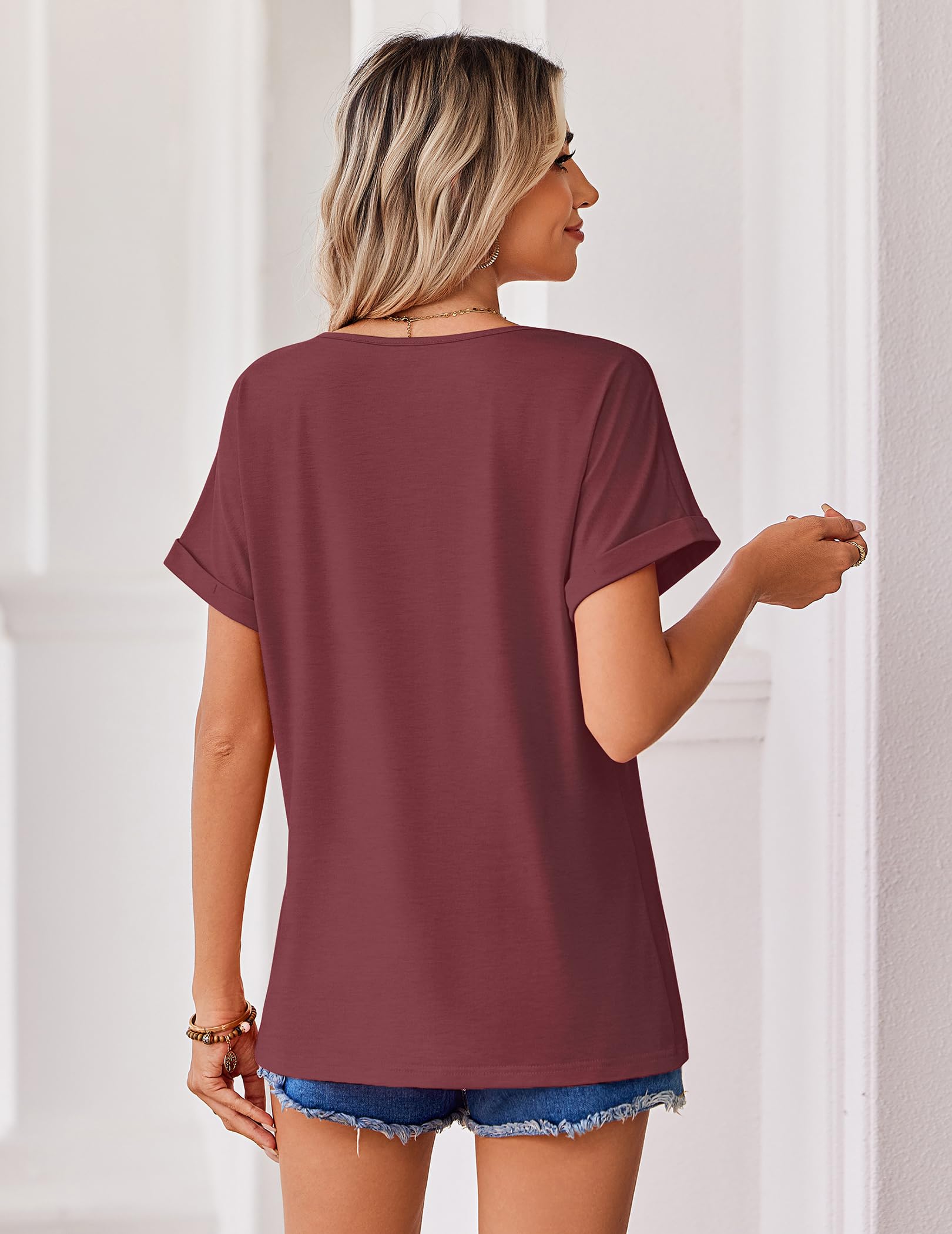 Zeagoo Damska koszulka z dekoltem w serek z krótkim rękawem letnia elegancka luźna koszulka na co dzień jednolity kolor rozmiary S-2XL