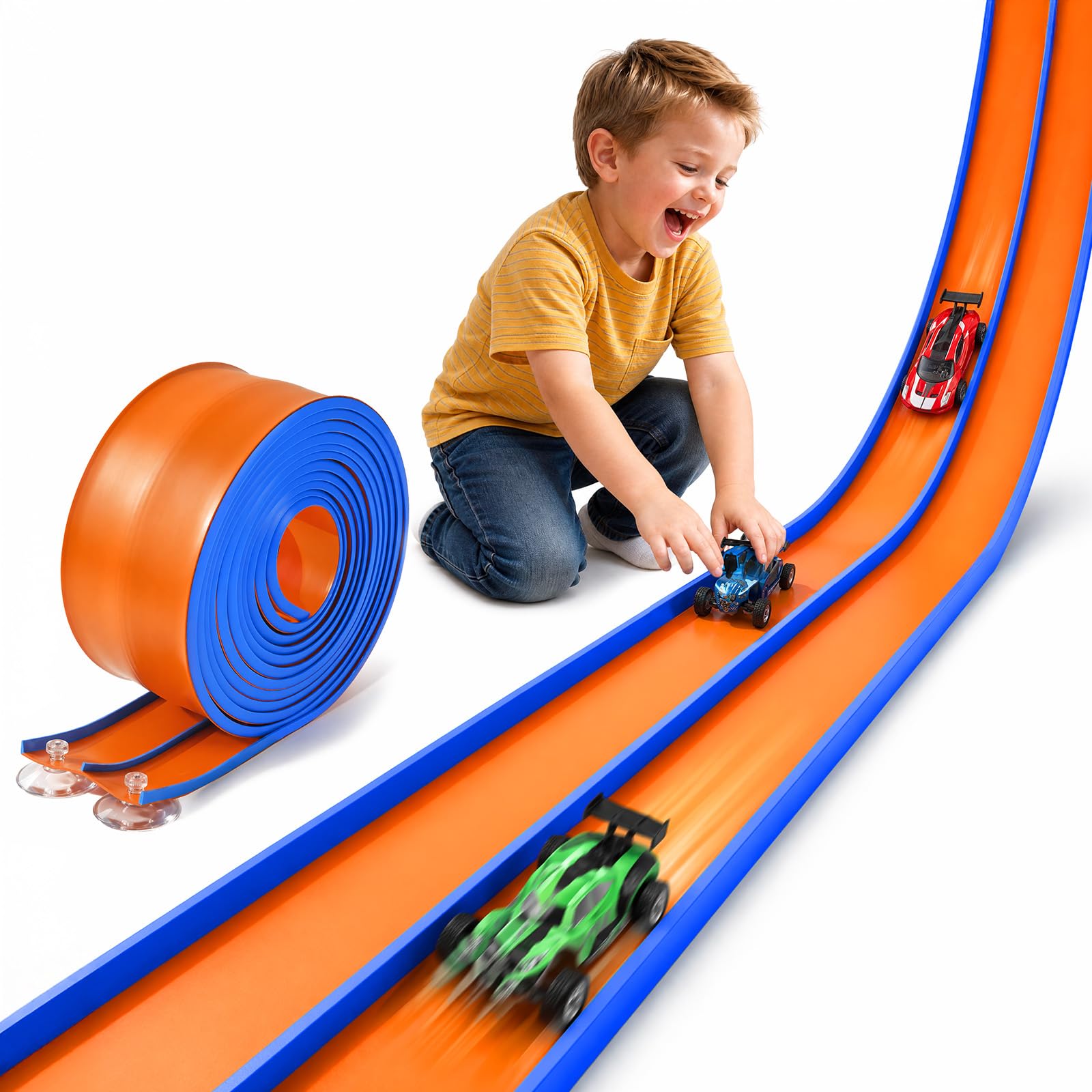 Hot Bee Upgrade Kids 4.5 M Flexible PVC Car Track, 3 Strong Suction Cups