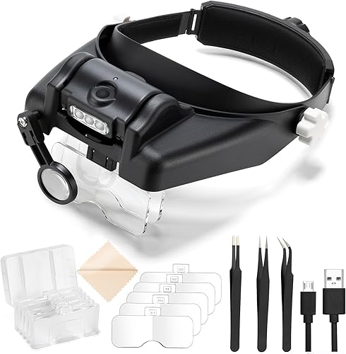 Auricular con lupa, lupa con luz para trabajo cercano, 1 a 14 veces recargable para la cabeza, lupa de visera con 5 lentes, pinzas para manualidades