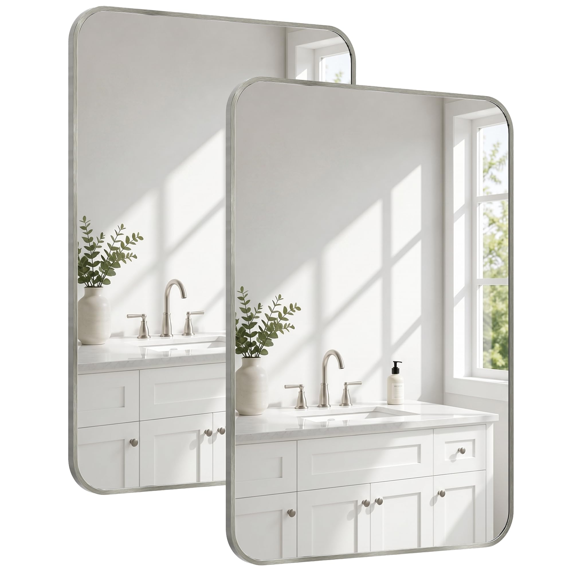 Pocetry 2-Pack 24x36 Inch Brushed Nickel Rounded Rectangle Vanity Mirrors
