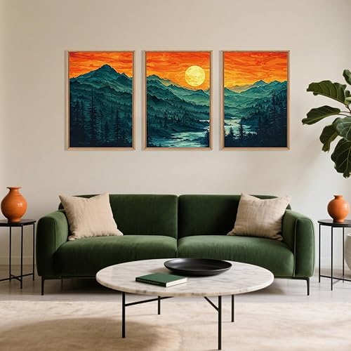 Miniatura 2 de Juego de arte de lienzo enmarcado con montaña del bosque, pintura abstracta de la pared, diseño bohemio de puesta de sol, paisaje natural moderno,