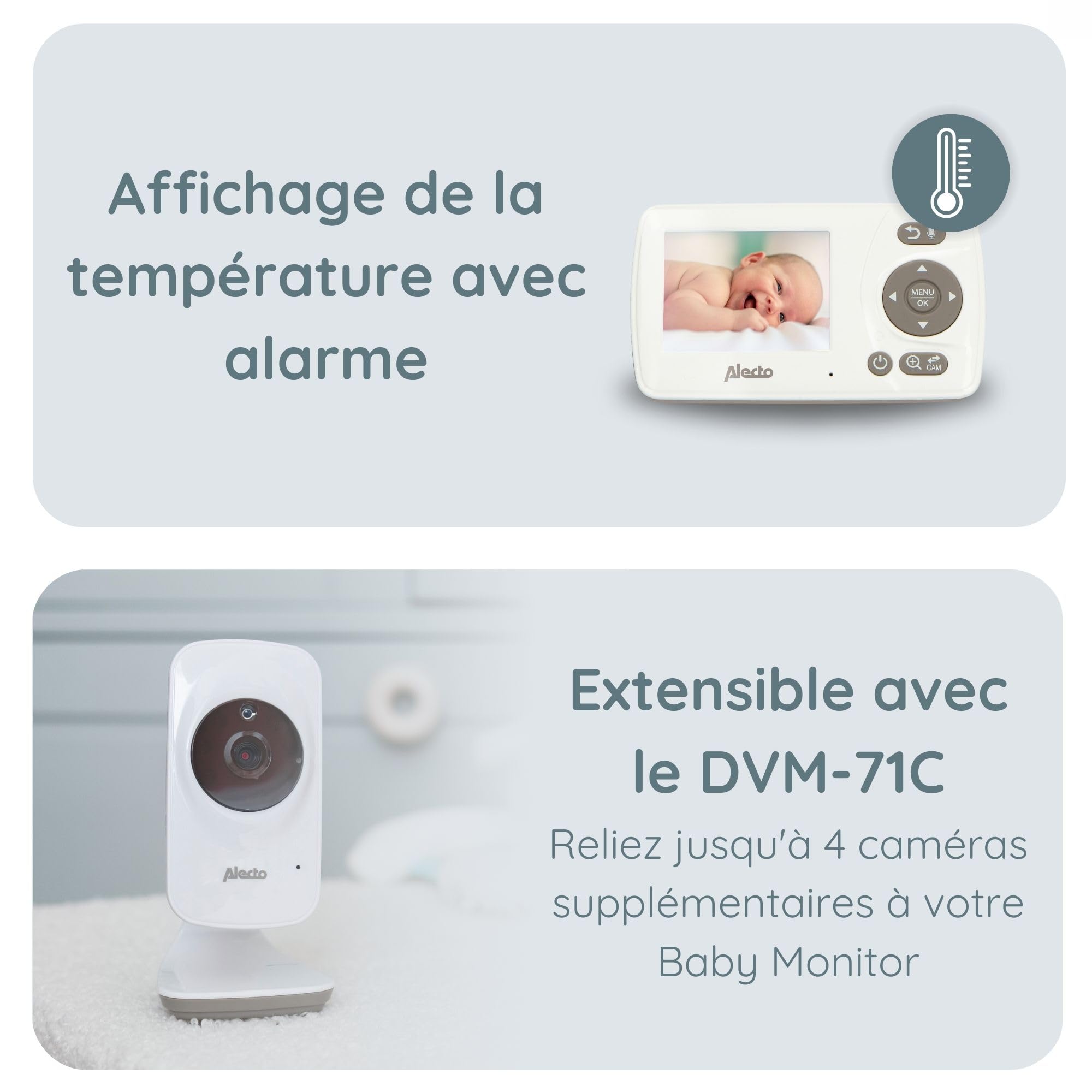Alecto DVM-71 Babyphone Camera, Camera Bebe, Camera Bebe Surveillance - Visiophone Bebe Longue Portée Moniteur Bébé avec Caméra Vidéo Orientable - Extensible avec DVM-71C - Fonction VOX - Blanc