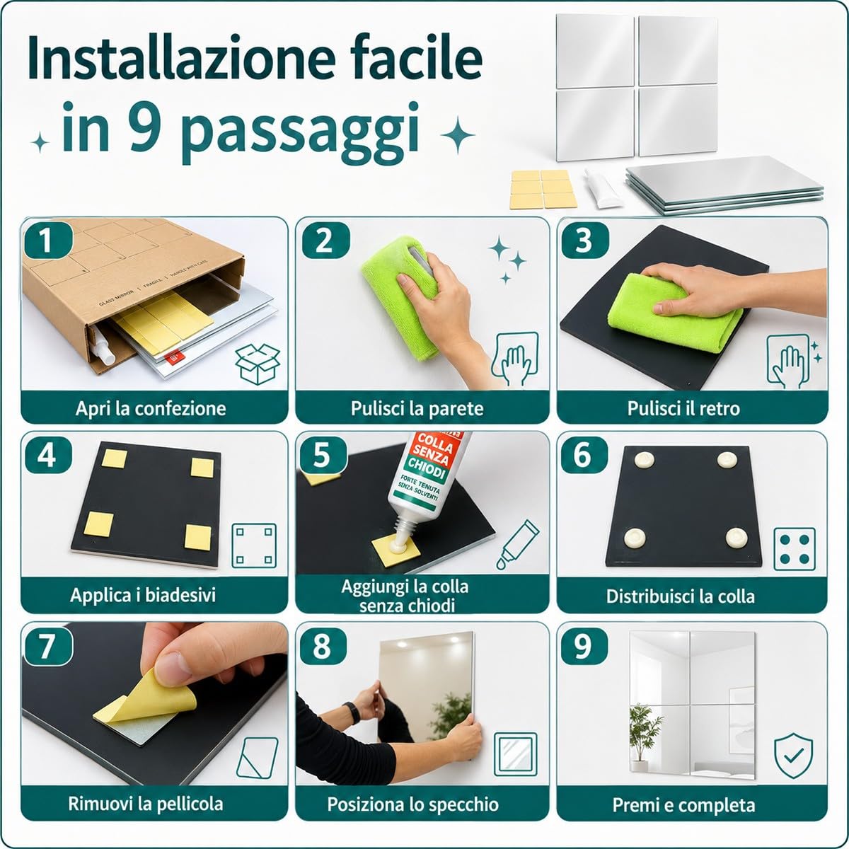 Specchio da Pavimento Grande a Figura Intera 4 Pezzi 30x30cm, Specchio Palestra Adesivo Anti-Rottura Ultraleggero Moderno per Casa, Palestra e Yoga