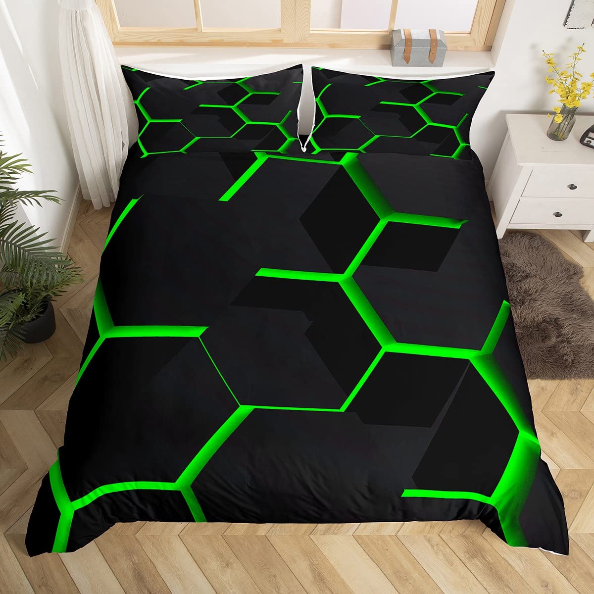 Homemissing King Geometric Honeycomb Duvet Cover Fluorescence Green Hexagon Comforter Cover Beehive Hexagon Bedding Set Geometrical Bedspread Beehive Decor Quilt Cover 3Pcs