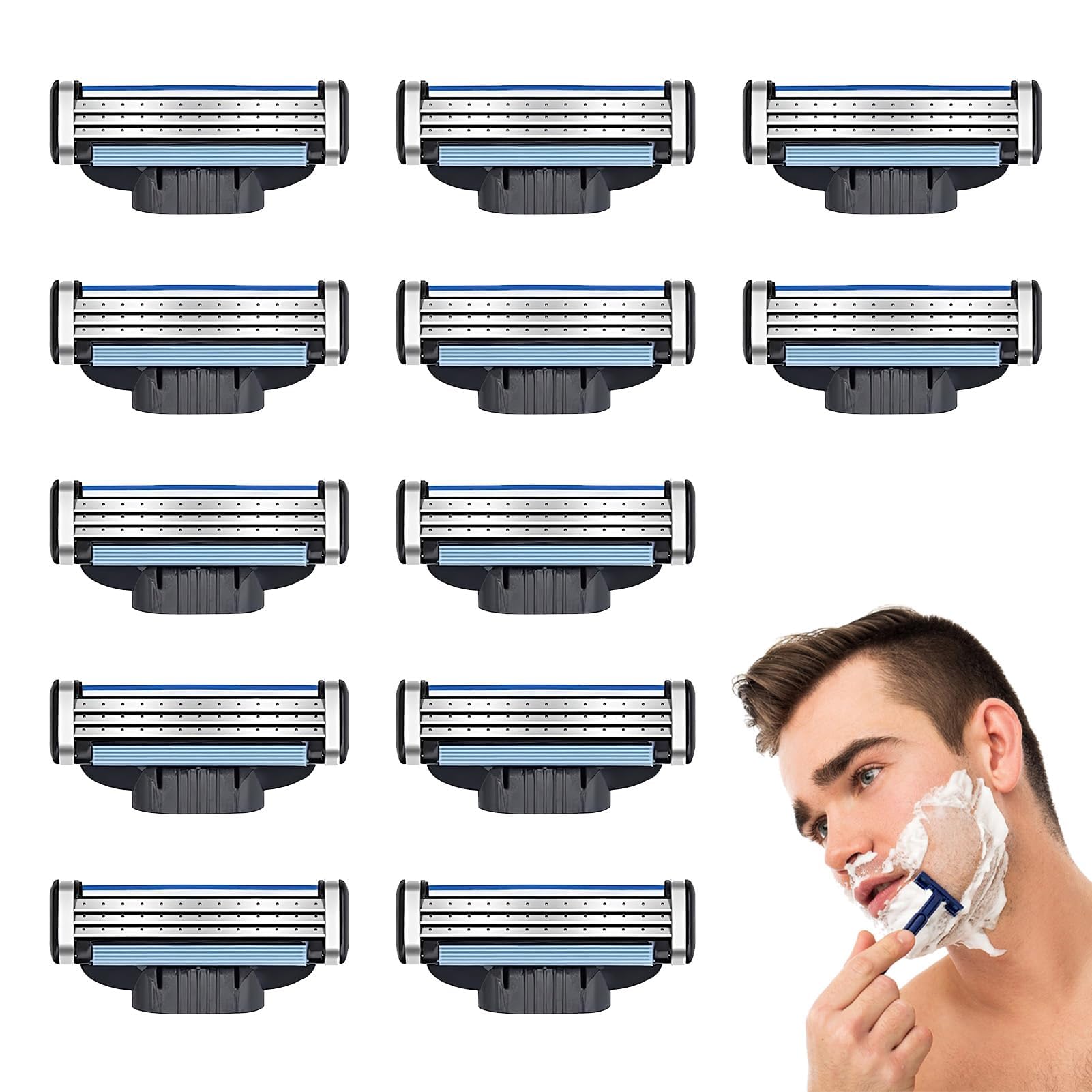 Pack de 12 Cuchillas Recambio, Recambio, Afeitado Preciso y Confortable, Cuchillas de 3 Capas con Doble Lubricación, Ideal para Uso Diario y Profesional, Indicador de Cambio