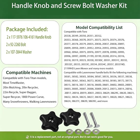 2 Set 92-2260 Handle Knob and Screw Bolt Washer Kit Compatible with Toro Lawn Mowers Snow Blowers 117-5976 106-4161 Handle Knob 92-2260 Bolt 107-3844 Washer