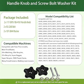 2 Set 92-2260 Handle Knob and Screw Bolt Washer Kit Compatible with Toro Lawn Mowers Snow Blowers 117-5976 106-4161 Handle Knob 92-2260 Bolt 107-3844 Washer
