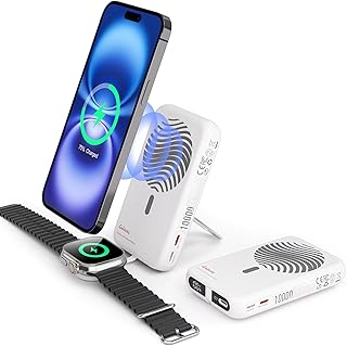 【新登場10000mahモバイルバッテリー】 Galeces ワイヤレス充電器 iPhone/iWatch/AirPods 3 in 1 Mag-Safe式 モバイルバッテリー アップルウオッチ用充電器 折りたたみ式 最大20W急速充電 Type-C i-Phone 12-16/iWatch Ultra/SE/2-10シリーズ/AirPods Pro/PD対応 PSE認証 (パールホワイト)