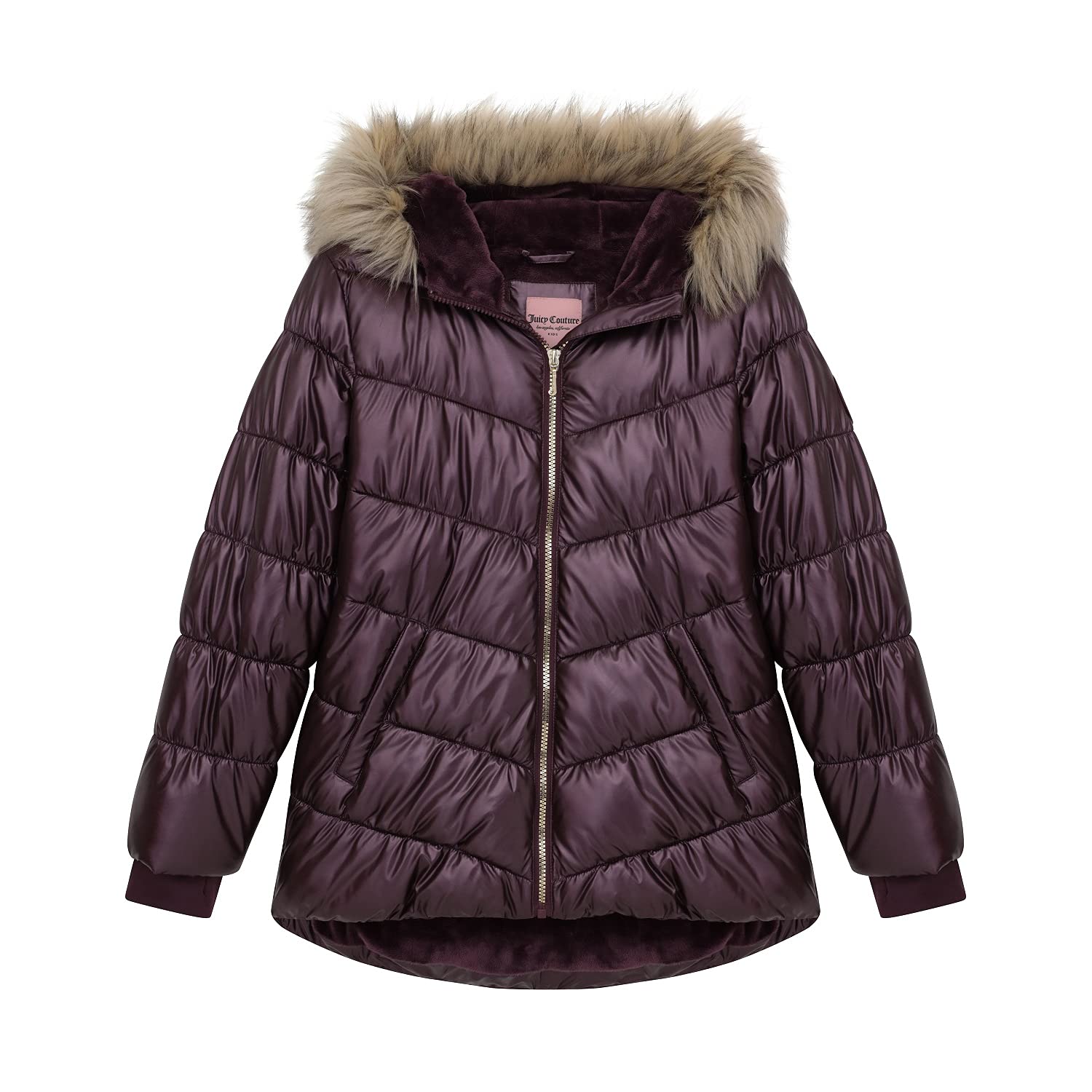 Juicy Couture Girls Puffer Jacket, Laminated Bubble Kids Coat with Fur Hoodie