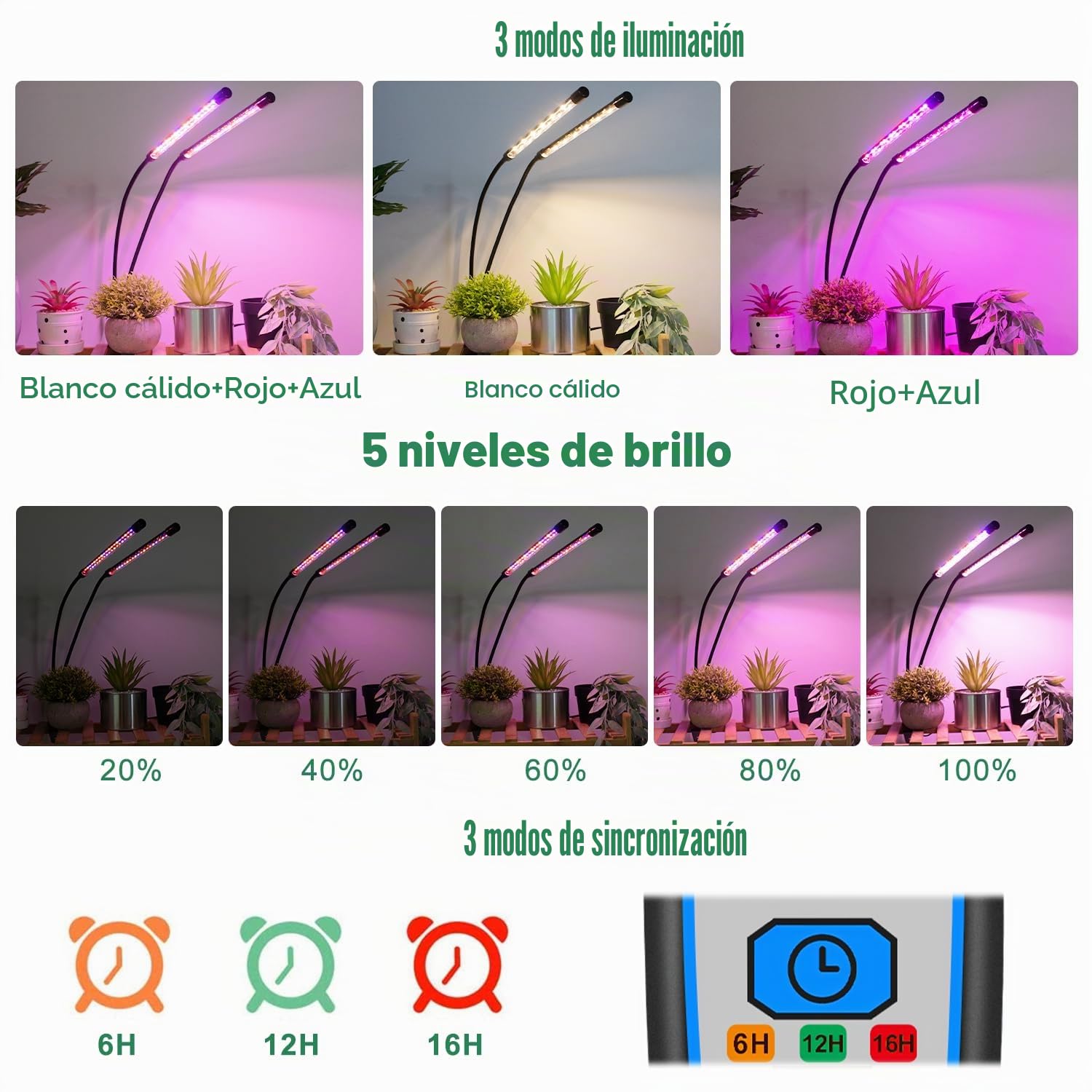Garpsen Luces de Crecimiento para Plantas de Interior, Luz LED de Espectro Completo de 40 LEDs, Luz de Planta de 2 Cabezas con Clip para Semillas, con Encendido/Apagado Automático y Temporizador de 6