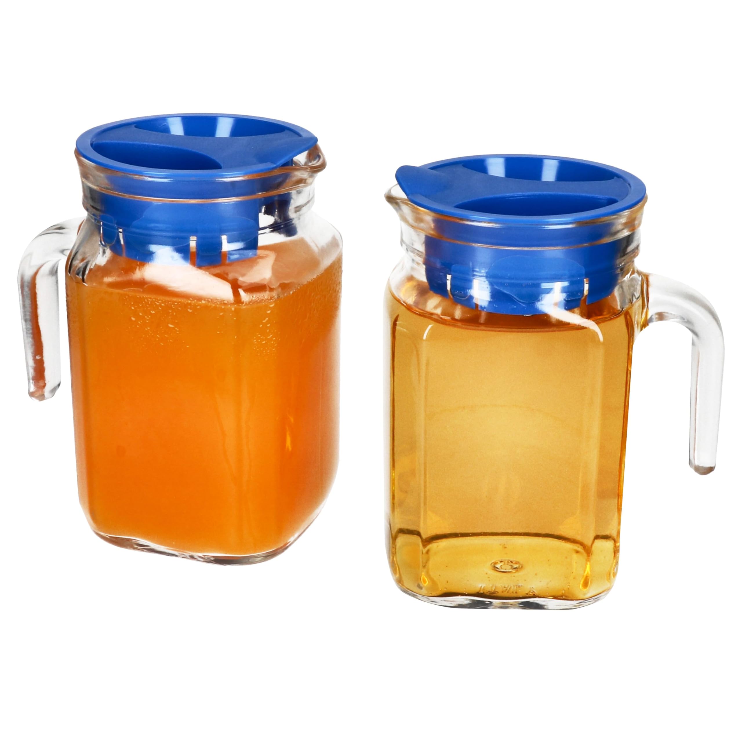 MamboCat Kora Set di 2 brocche per frigorifero con coperchio in plastica blu, 0,5 litri, caraffa quadrata in vetro con beccuccio e manico per tè freddo, acqua, succhi di frutta, latte & Co.
