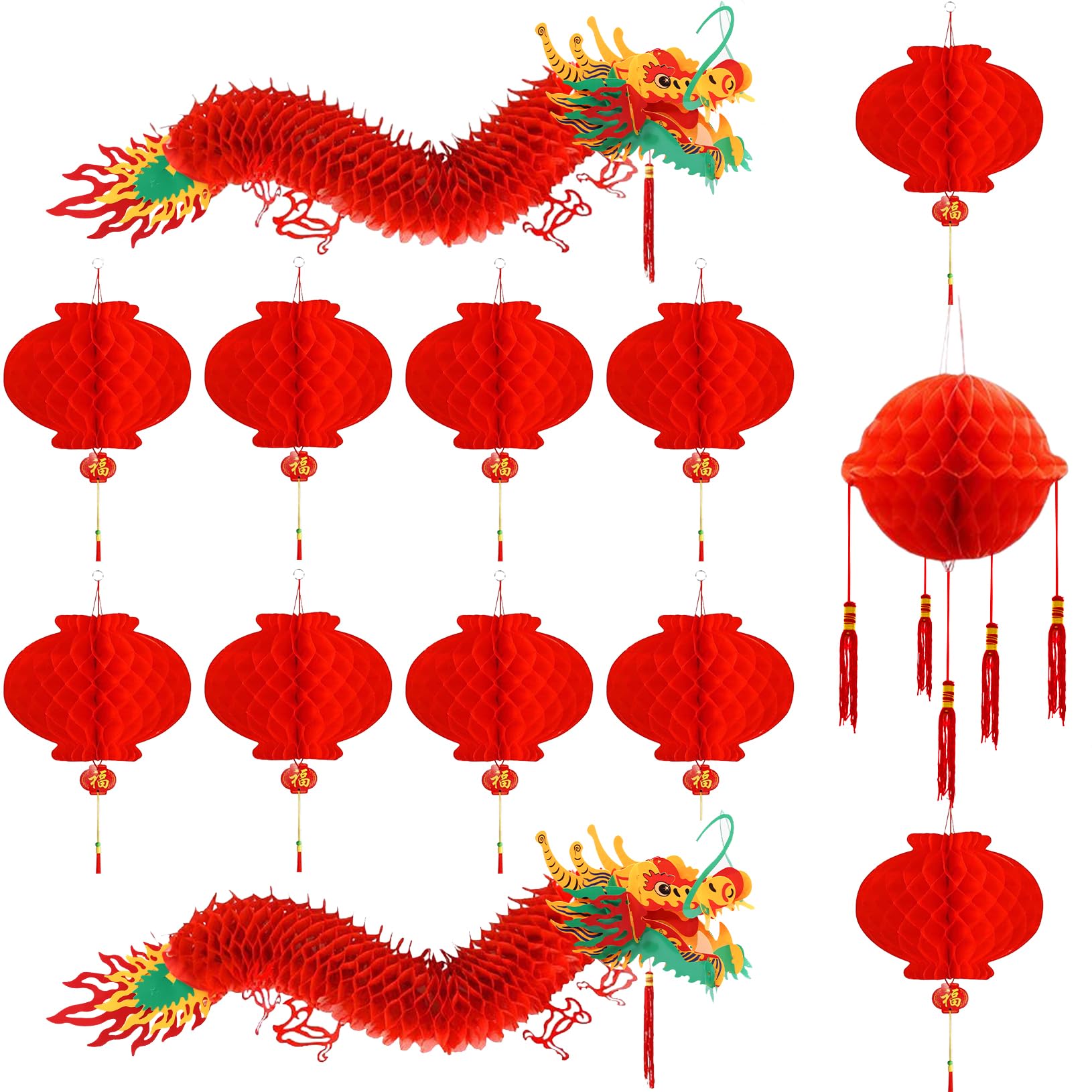 Cokacot 2PCS 3D New Year Dragon Garland Decoration with Ball & 10PCS Red Plastic Lanterns Chinese New Year Decoration Home Ceiling Hanging Ornaments