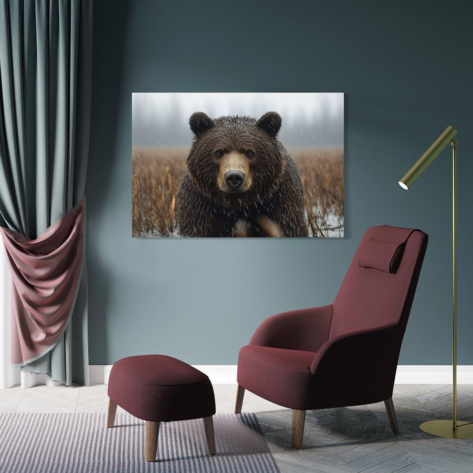 Junmoney Grizzly Bear in The Rain Canvas Wall Decor 08x12inch(20x30cm), for Study, Office Or Focused Interiors, Wall Art That Adds Style to Work Areas