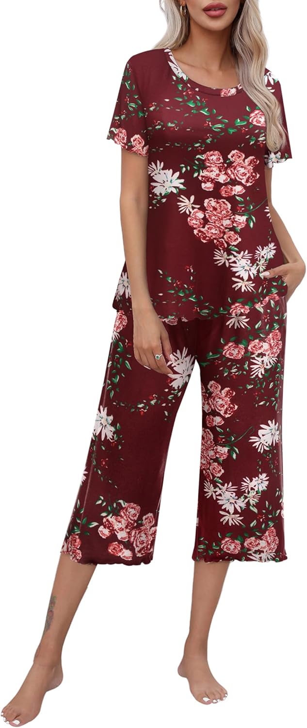 Ekouaer Women's Pajamas Set Short Sleeve Top With Capri Pants Pjs Lounge & Sleepwear Set S-XXL