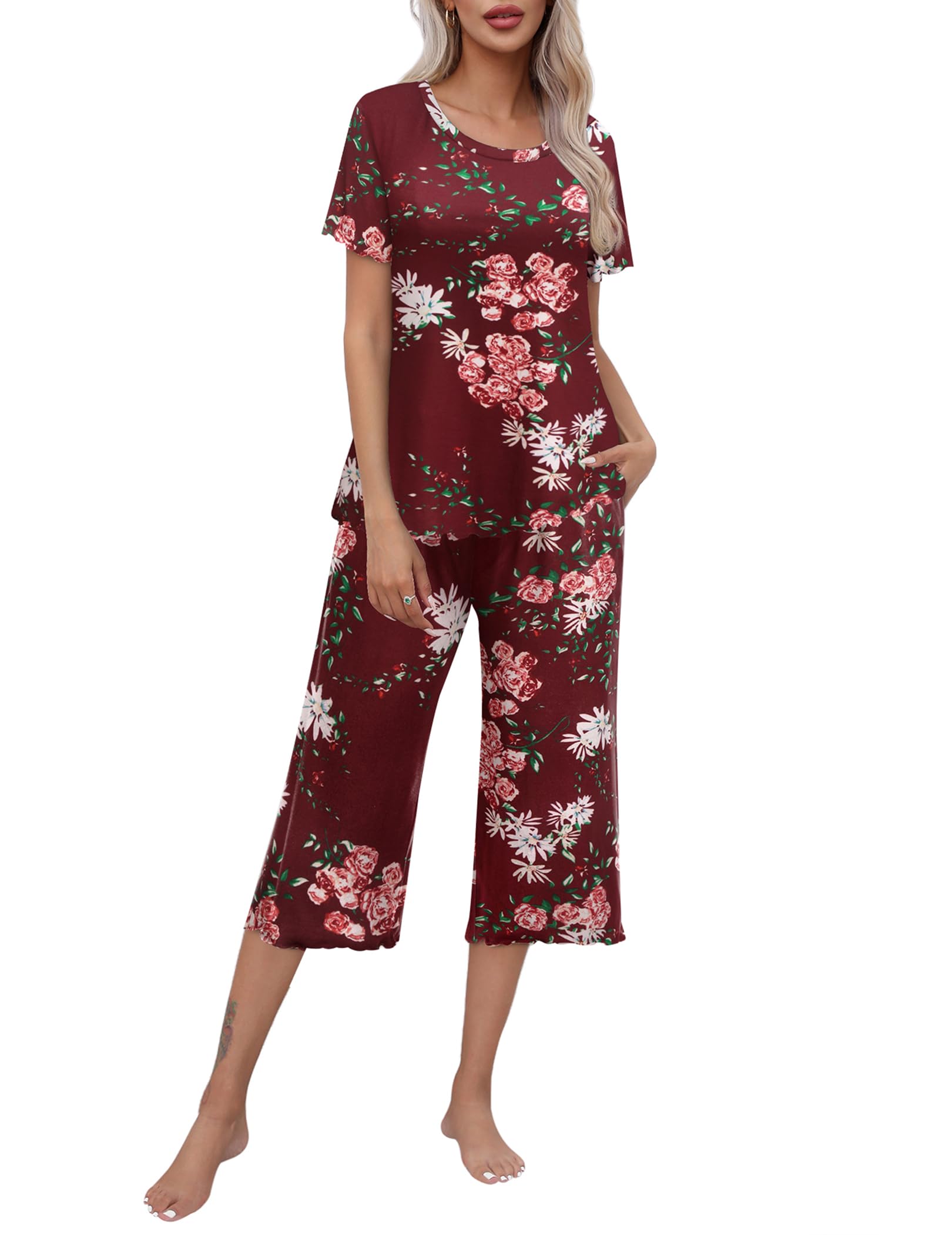 Ekouaer Women's Pajamas Set Short Sleeve Top With Capri Pants Pjs Lounge & Sleepwear Set S_XXL